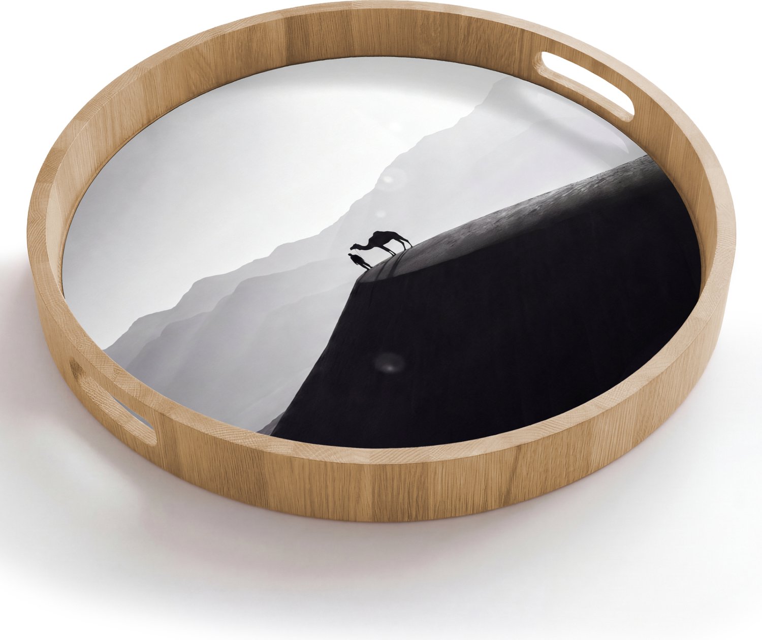 Dienblad rond 50x50 cm - Schootdienblad hout - Mens - Kameel - Zandduin - Natuur - Monochroom - Borrelplank rechthoek - Plateau houten dienbladen