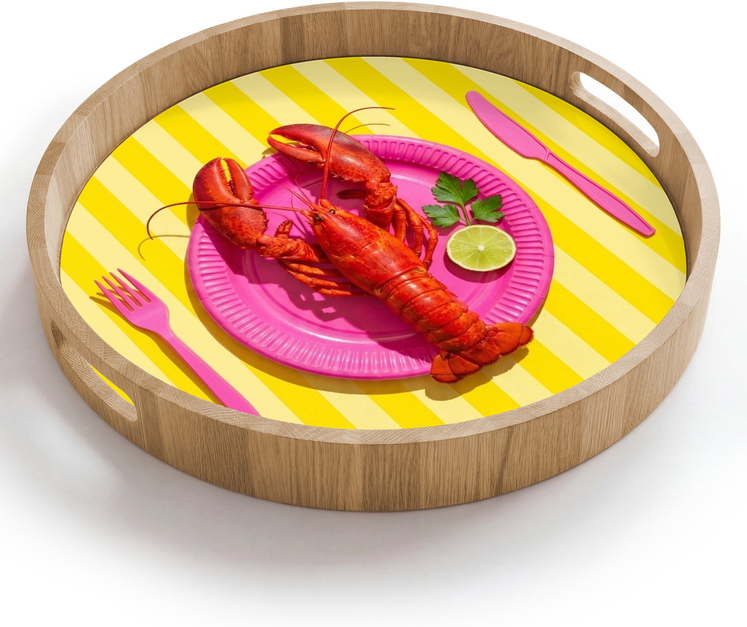 Dienblad rond 40x40 cm - Schootdienblad hout - Eten - Roze - Geel - Modern - Culinaire - Borrelplank rechthoek - Plateau houten dienbladen