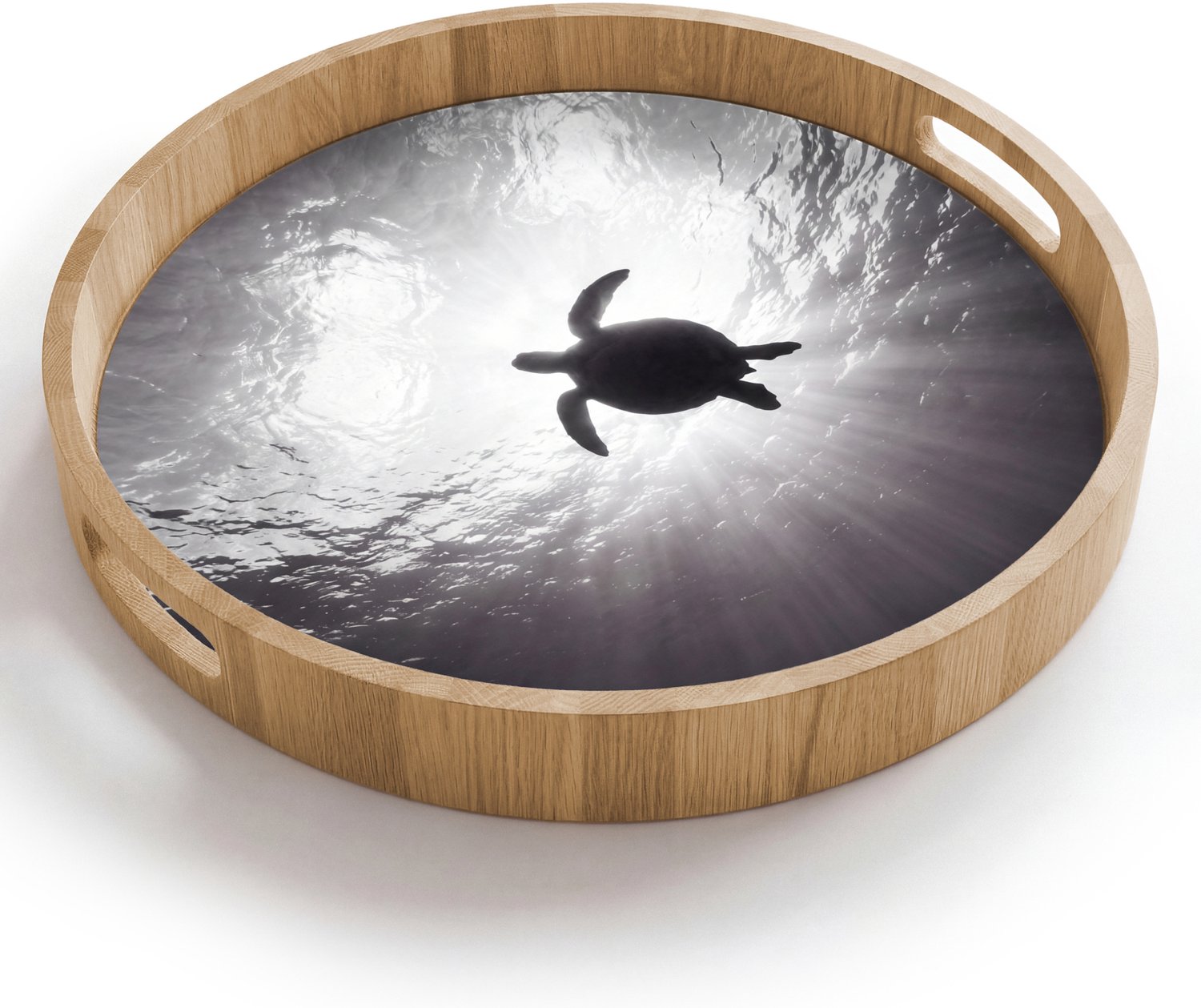 Dienblad rond 40x40 cm - Schootdienblad hout - Schildpad - Onderwater - Lichtstralen - Oceaan - Zwart-wit - Borrelplank rechthoek - Plateau houten dienbladen