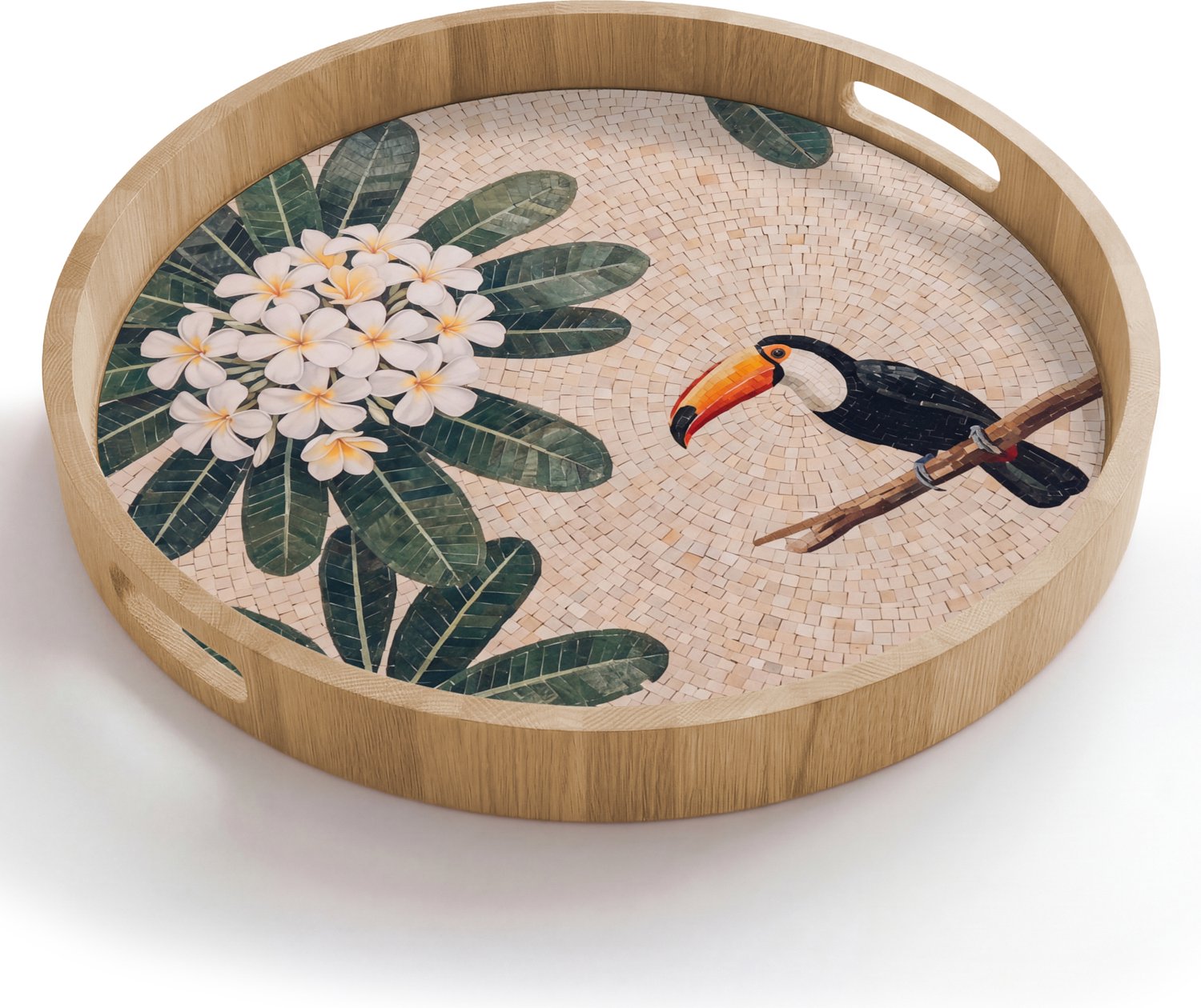 Dienblad rond 50x50 cm - Schootdienblad hout - Vogel - Mozaïek - Tropisch - Natuur - Kleurrijk - Borrelplank rechthoek - Plateau houten dienbladen