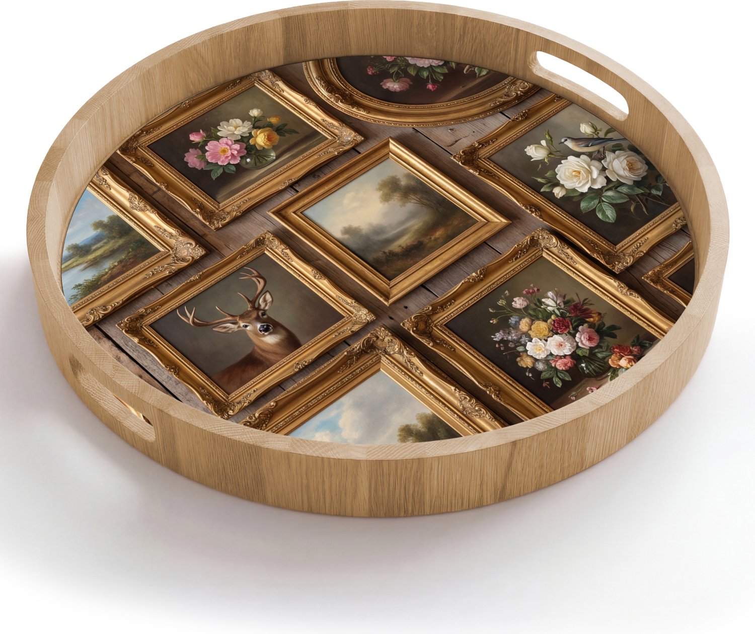 Dienblad rond 50x50 cm - Schootdienblad hout - Bloemen - Rozen - Klassiek - Vaas - Kleurrijk - Borrelplank rechthoek - Plateau houten dienbladen
