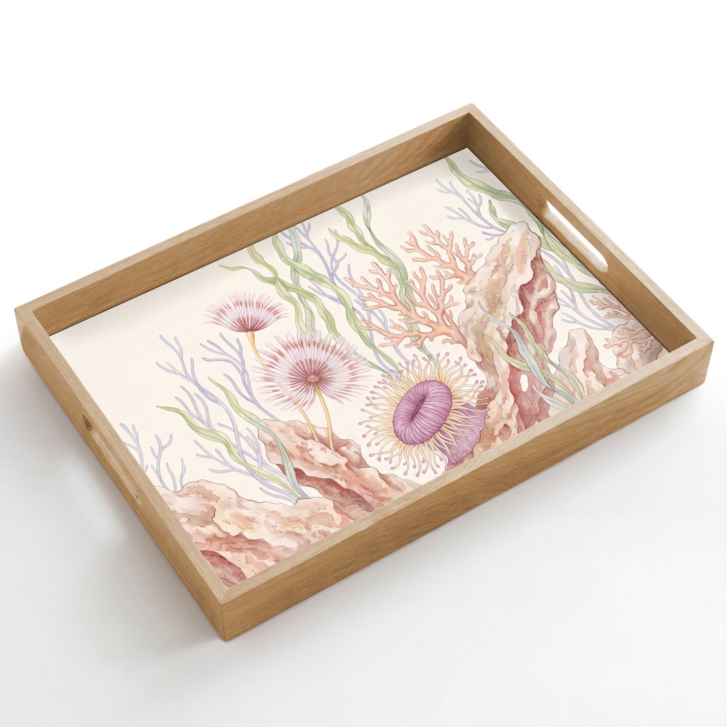 Dienblad hout 50x35 cm - Schootdienblad - Zeeleven - Koraal - Onderwater - Illustratie - Kleurrijk - Borrelplank rechthoek - Plateau dienbladen