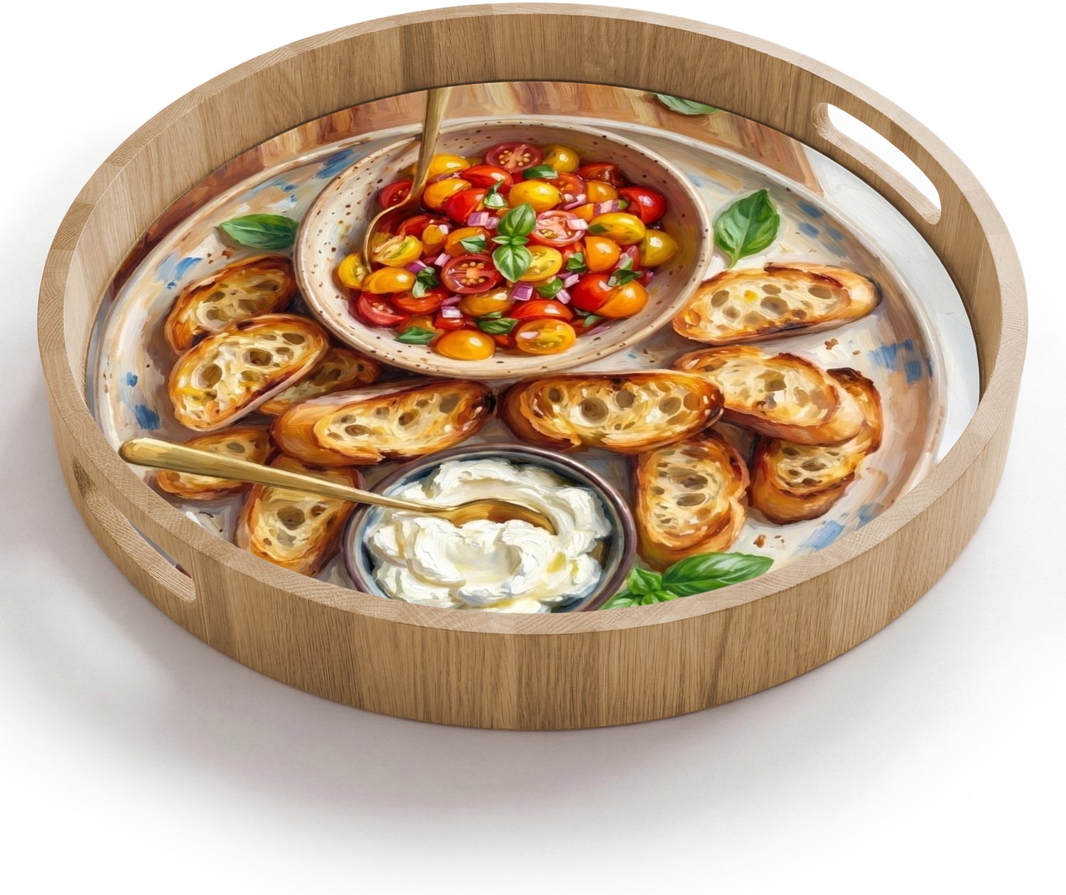 Dienblad rond 40x40 cm - Schootdienblad hout - Eten - Tomaat - Brood - Kleurrijk - Keuken - Borrelplank rechthoek - Plateau houten dienbladen