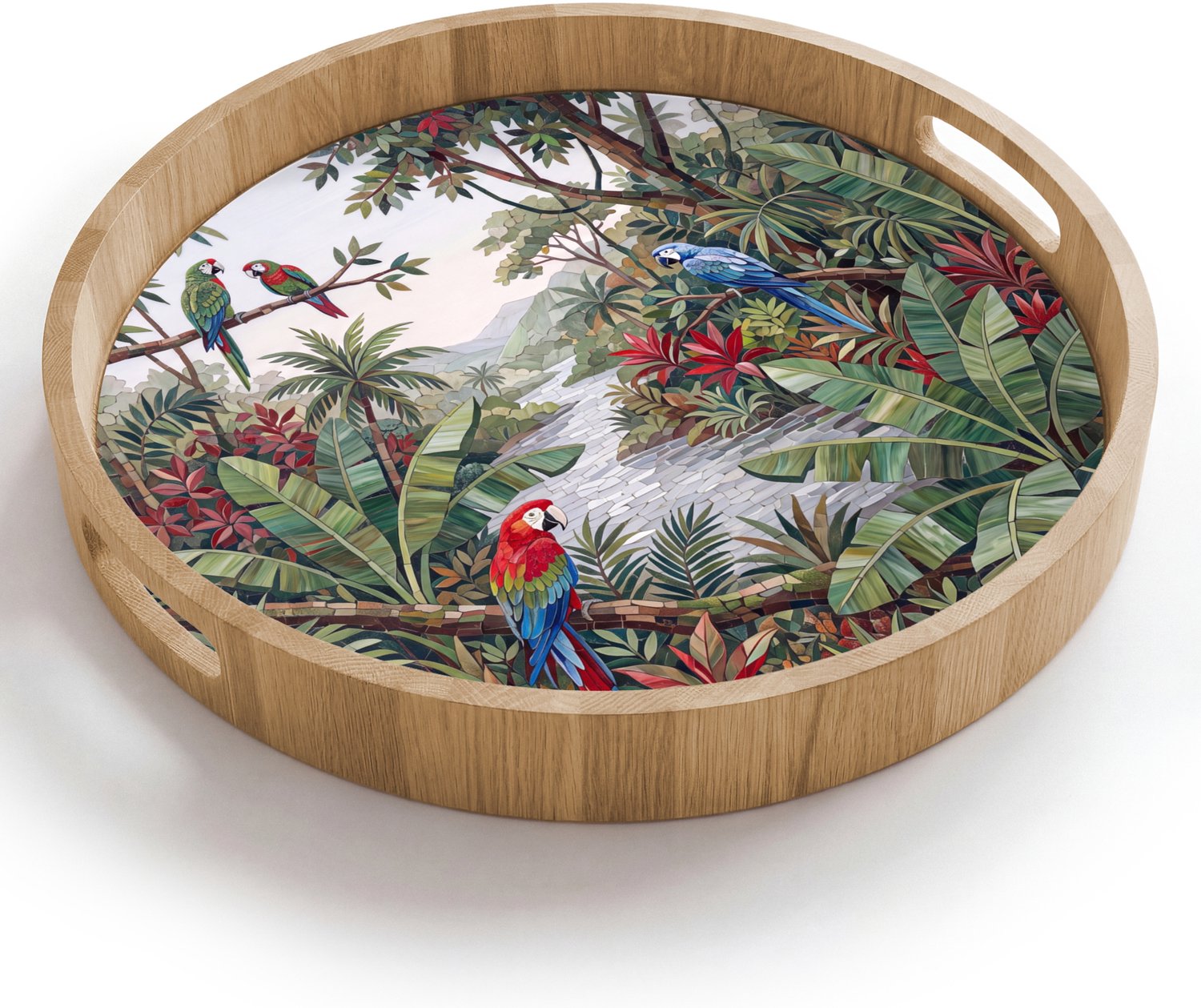 Dienblad rond 40x40 cm - Schootdienblad hout - Vogel - Jungle - Natuur - Mozaïek - Groen - Borrelplank rechthoek - Plateau houten dienbladen