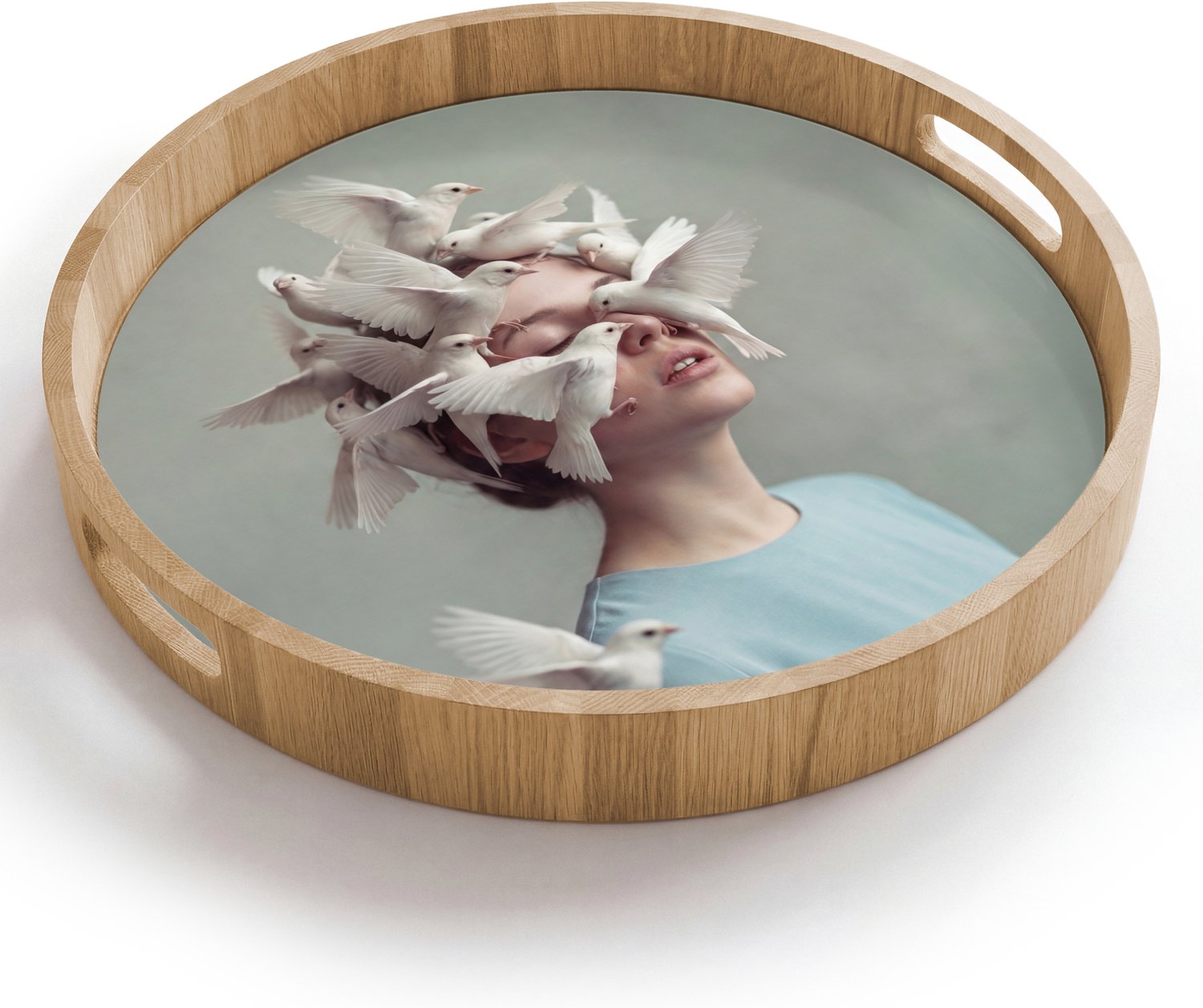 Dienblad rond 40x40 cm - Schootdienblad hout - Vrouw - Vogels - Abstract - Modern - Wit - Borrelplank rechthoek - Plateau houten dienbladen