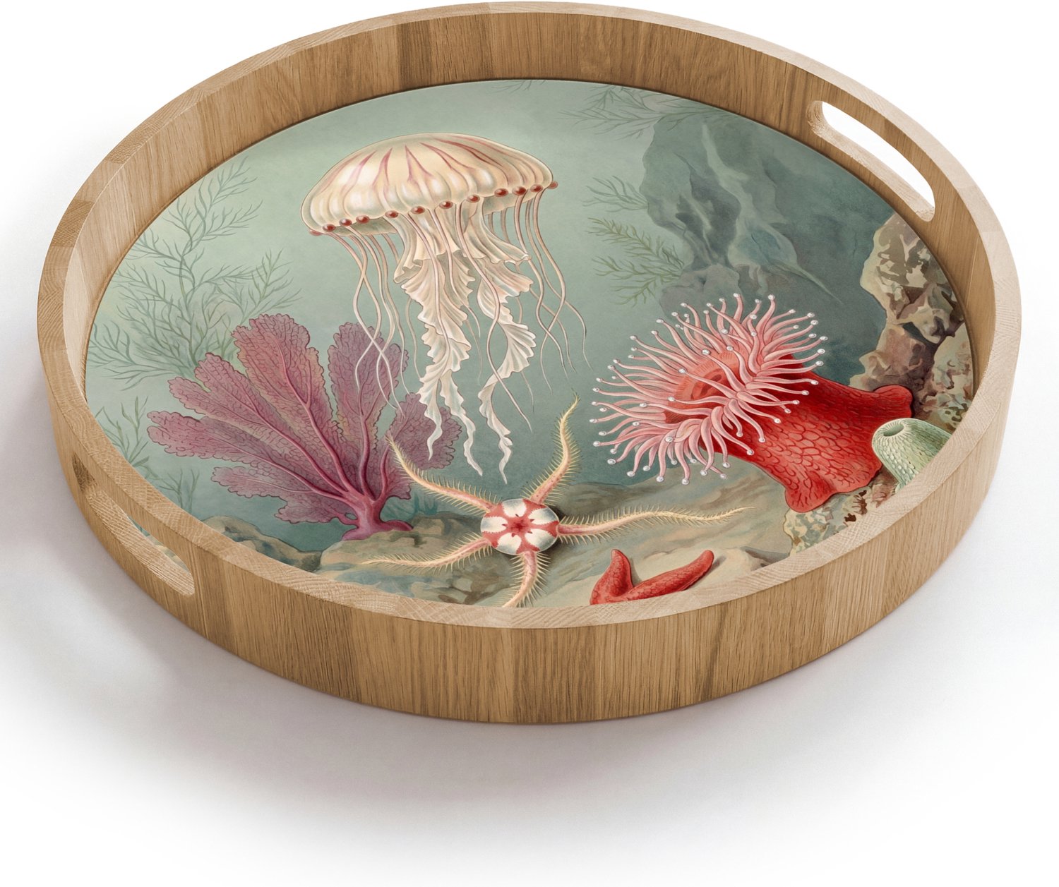 Dienblad rond 40x40 cm - Schootdienblad hout - Zeeleven - Kwal - Onderwater - Illustratie - Beige - Borrelplank rechthoek - Plateau houten dienbladen