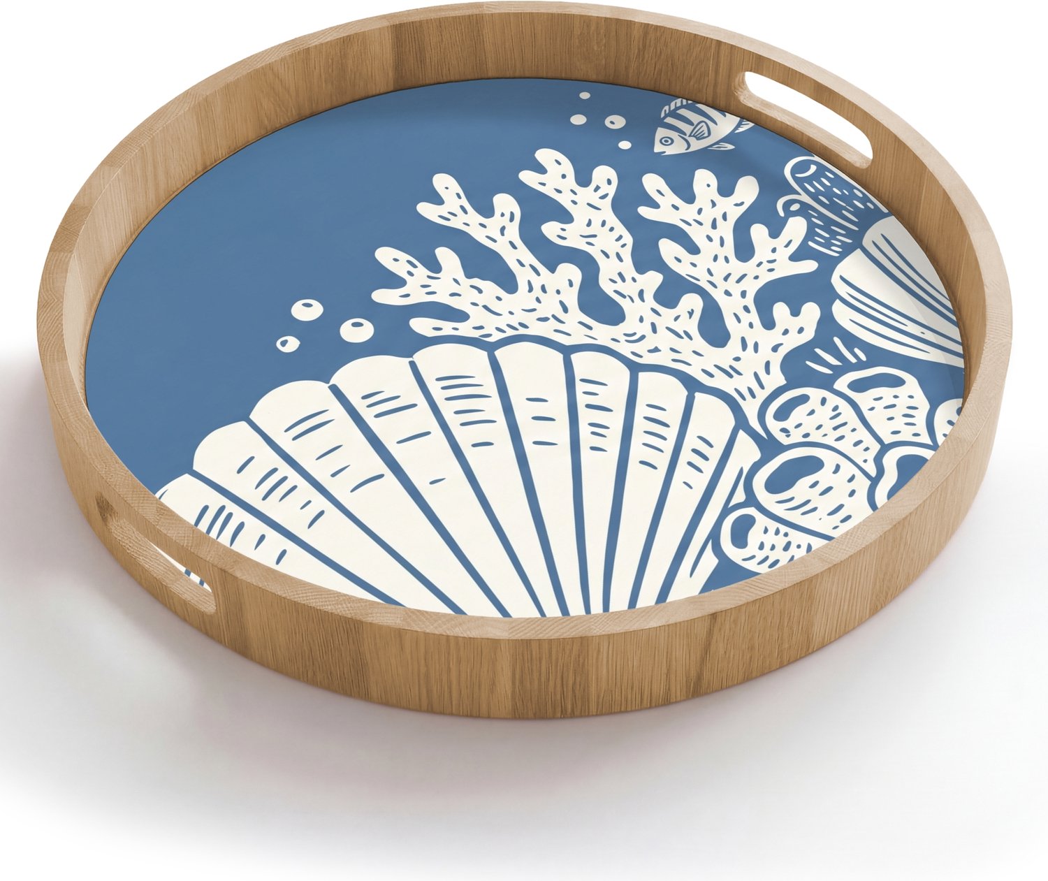 Dienblad rond 50x50 cm - Schootdienblad hout - Zeeleven - Koraal - Schelp - Vis - Illustratie - Onderwater - Borrelplank rechthoek - Plateau houten dienbladen