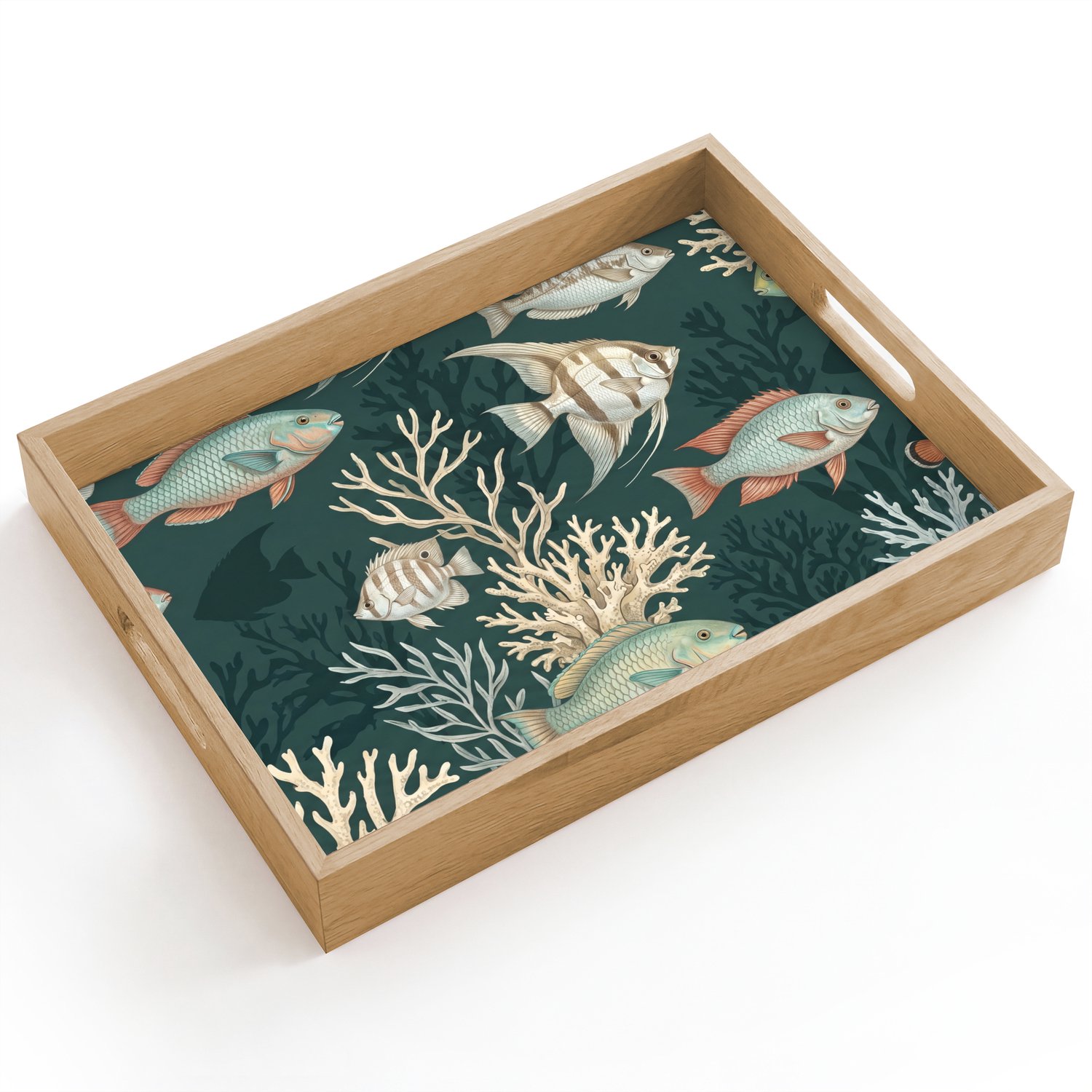 Dienblad hout 40x30 cm - Schootdienblad - Vis - Koraal - Onderwater - Illustratie - Borrelplank rechthoek - Plateau dienbladen