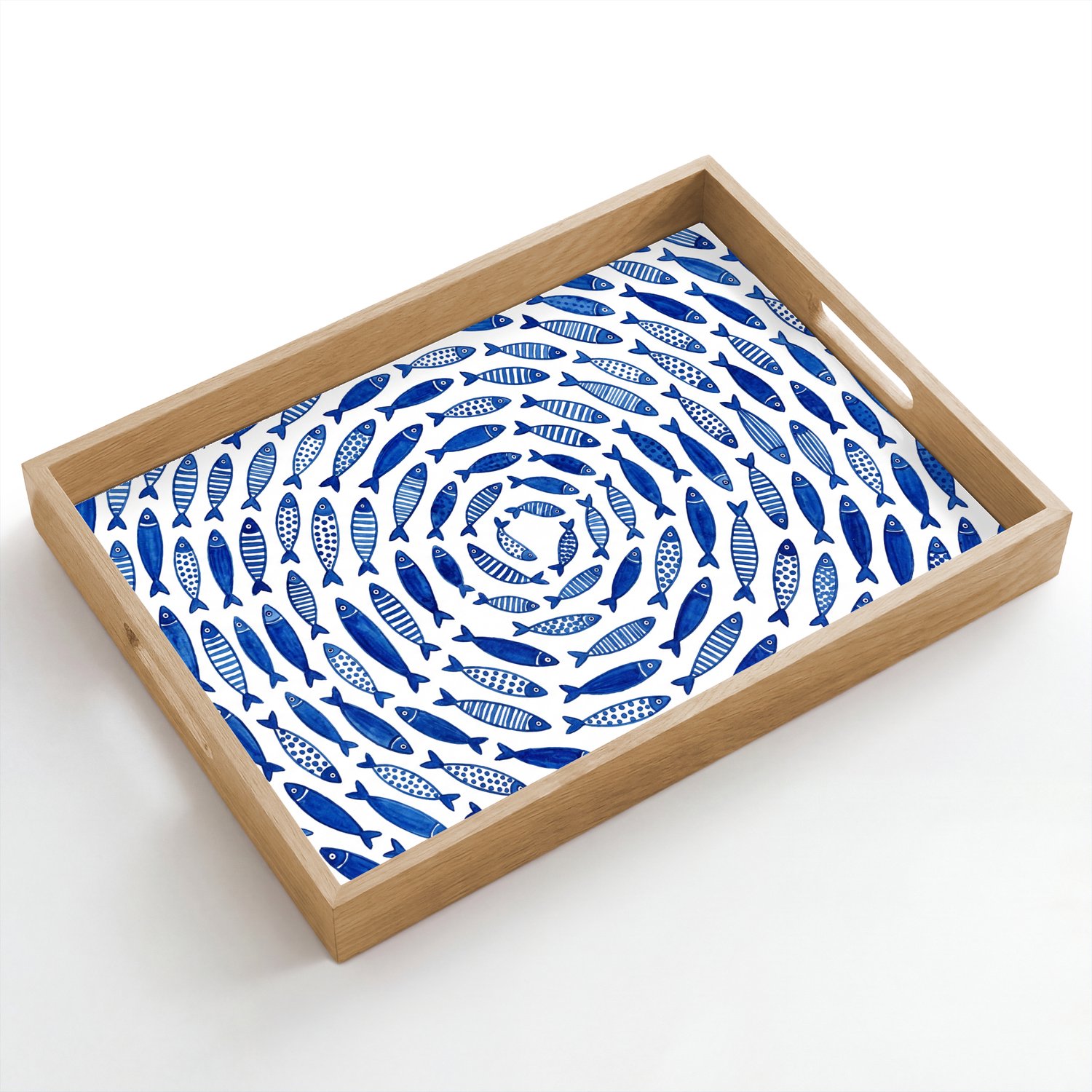 Dienblad hout 50x35 cm - Schootdienblad - Vis - Patroon - Onderwater - Abstract - Blauw - Borrelplank rechthoek - Plateau dienbladen