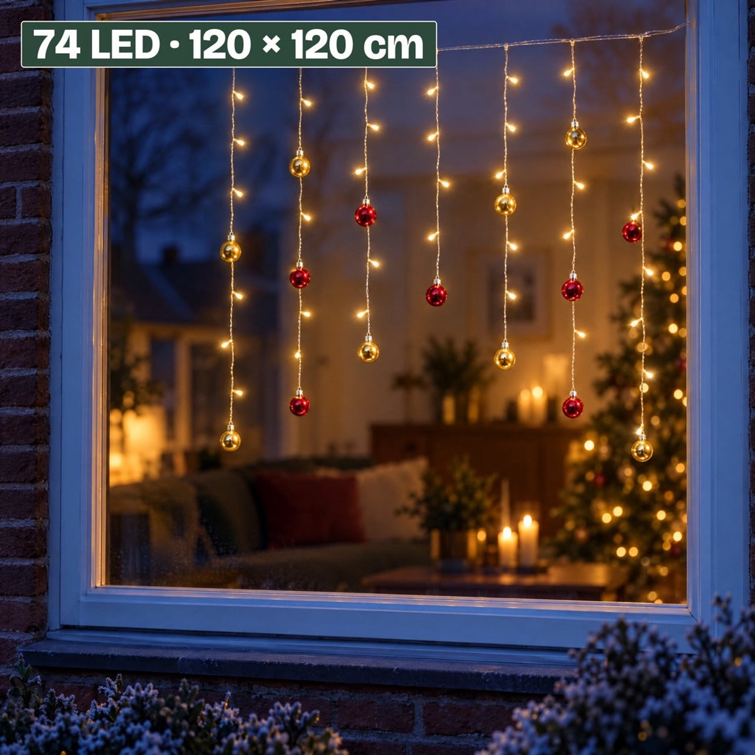 Levano Kerstverlichting Buiten - Lichtgordijn met Kerstballen - Kerstversiering - Kerstverlichting op Batterijen - Kerstlampjes - Raamverlichting Kerst - LED Gordijn - Kerstdecoratie Raam - Warm Wit - Timer - 74 LED - Sfeerverlichting - IP44