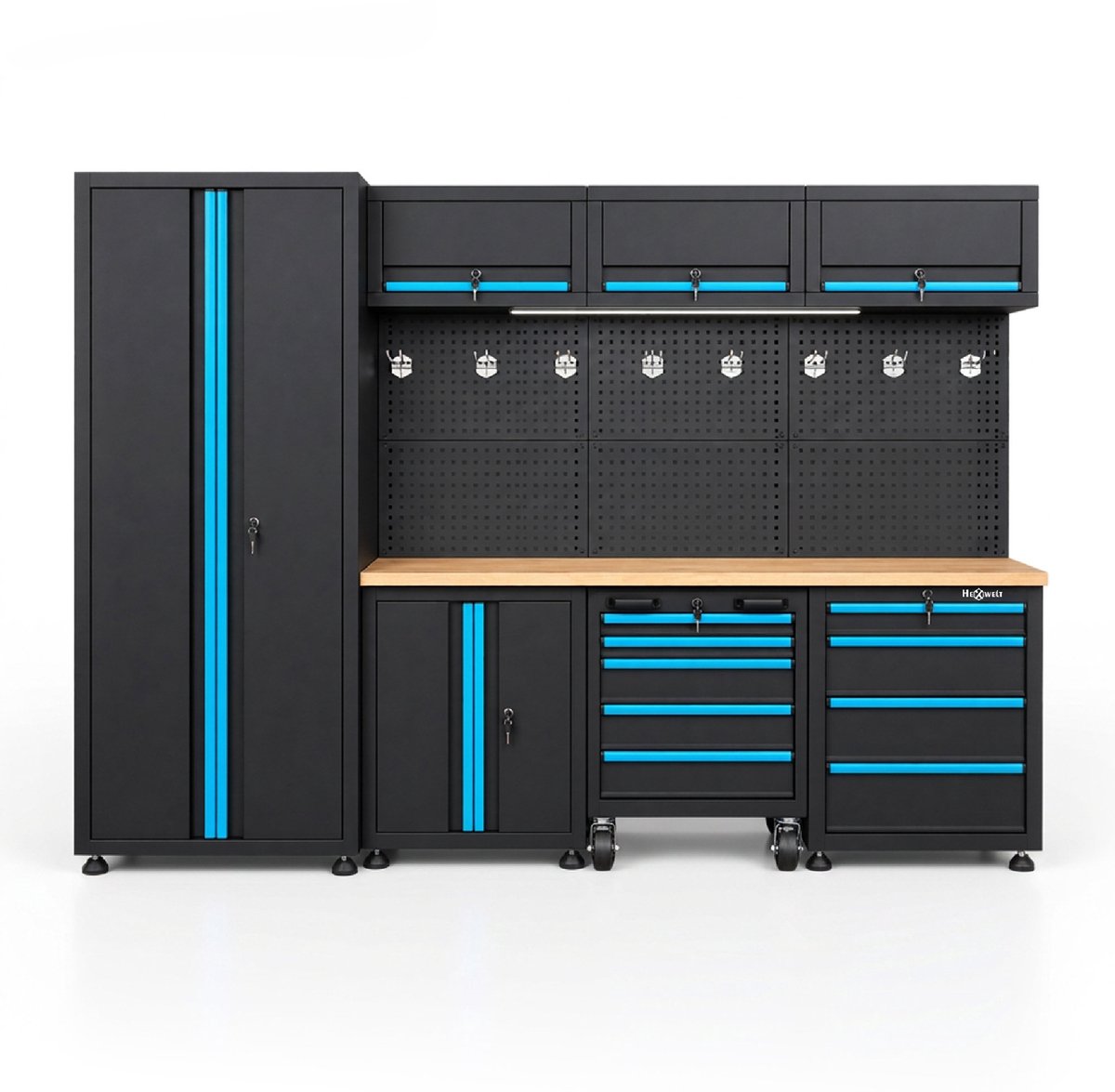 HEXWELT HW-MW-158 Werkplaatsinrichting 260 cm - Werkbank met Kasten en LED