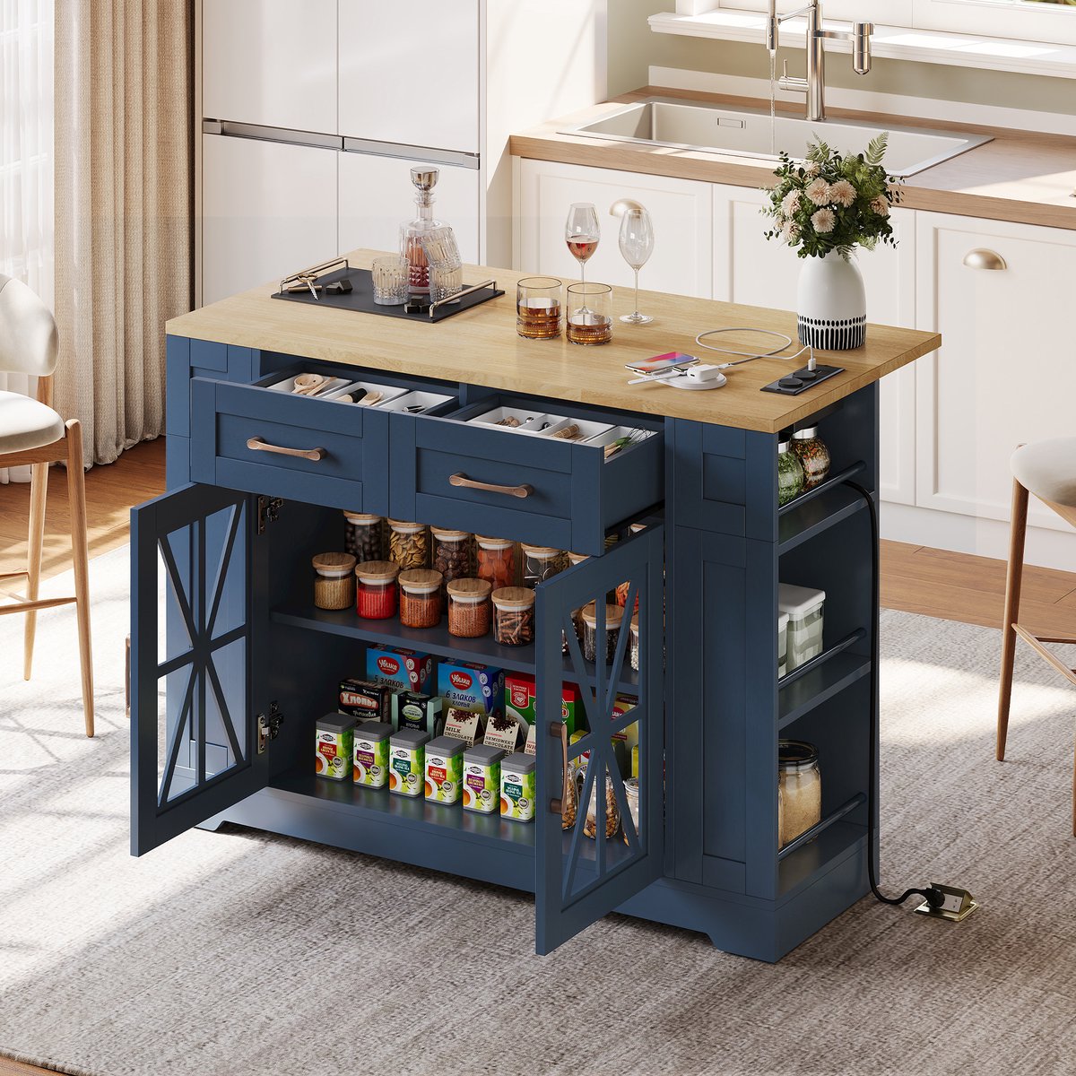 WUVRIE - Keukeneiland 120x40(65)x92 cm - Klapblad, 2 AC- en 2 USB-aansluitingen - Blauw/naturel
