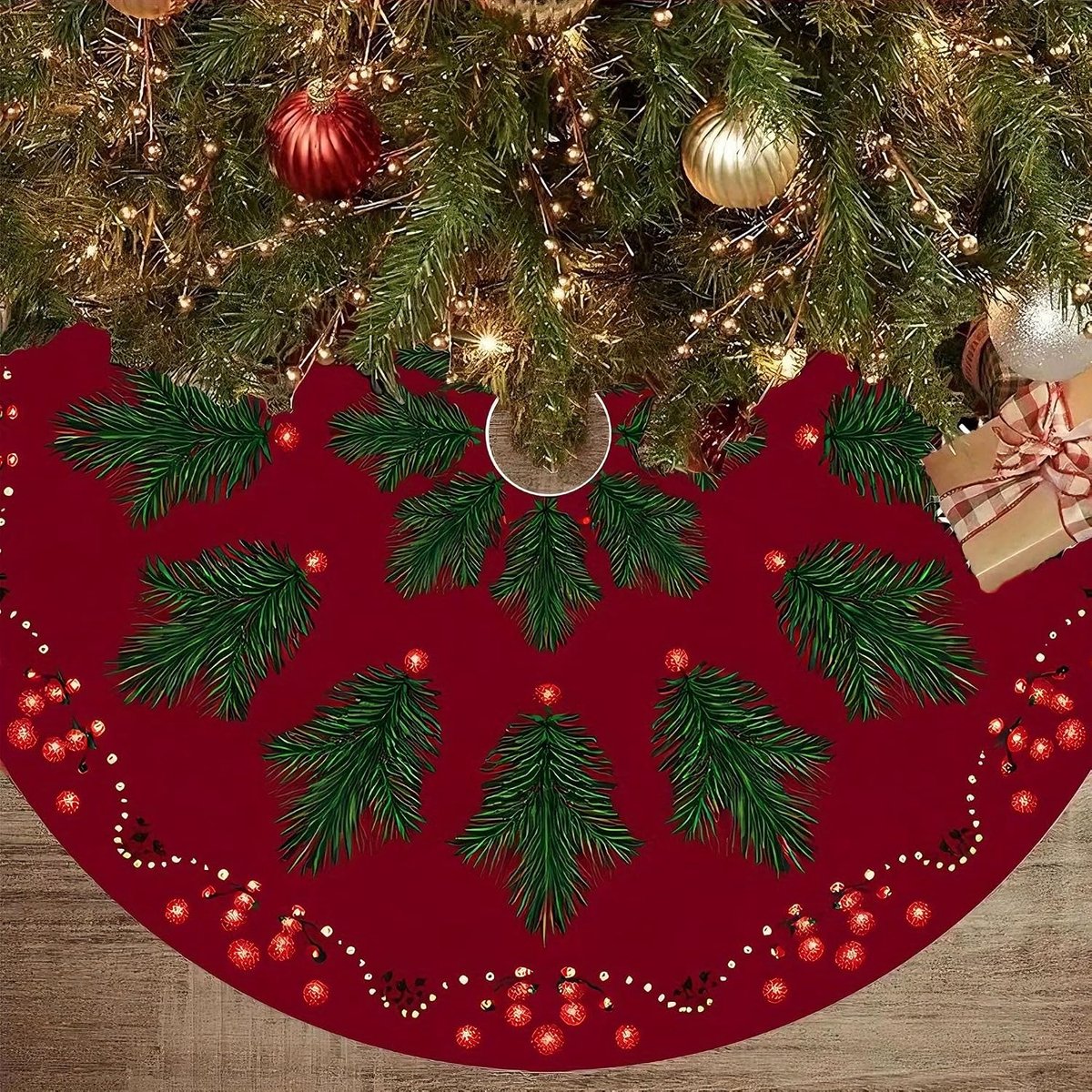 Kerstboomdeken met dennenappels, bessenpatroon, rond, 90 cm, kerstboomdeken, vloerbescherming, onderlaag, kerstboomrok - ShopVlot