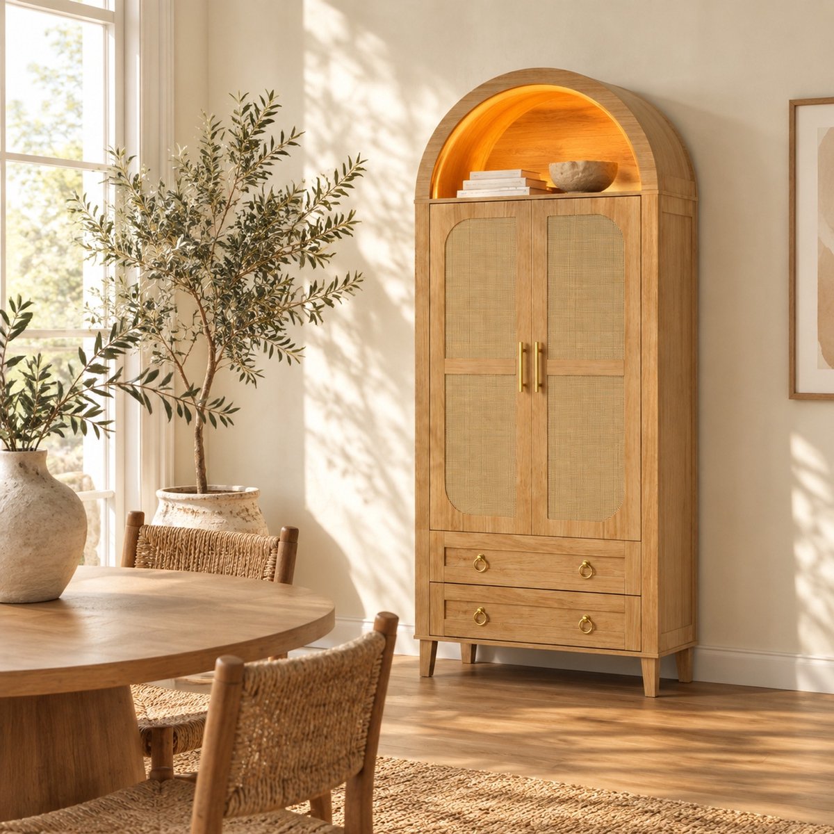 OKWISH Kledingkast - App-Bedienbare Ledverlichting - Open Boogvak - 2 Deuren En 2 Lades - Rotandecor Naturel - 76 x 50 x 184 cm