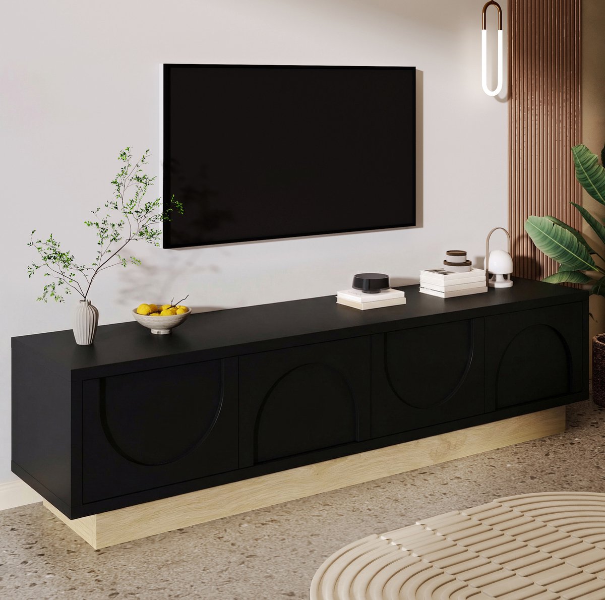 WUVRIE TV-meubel 175x40x41,5 cm - 4 deuren, kabelmanagement en push-to-open - Zwart/houtkleur