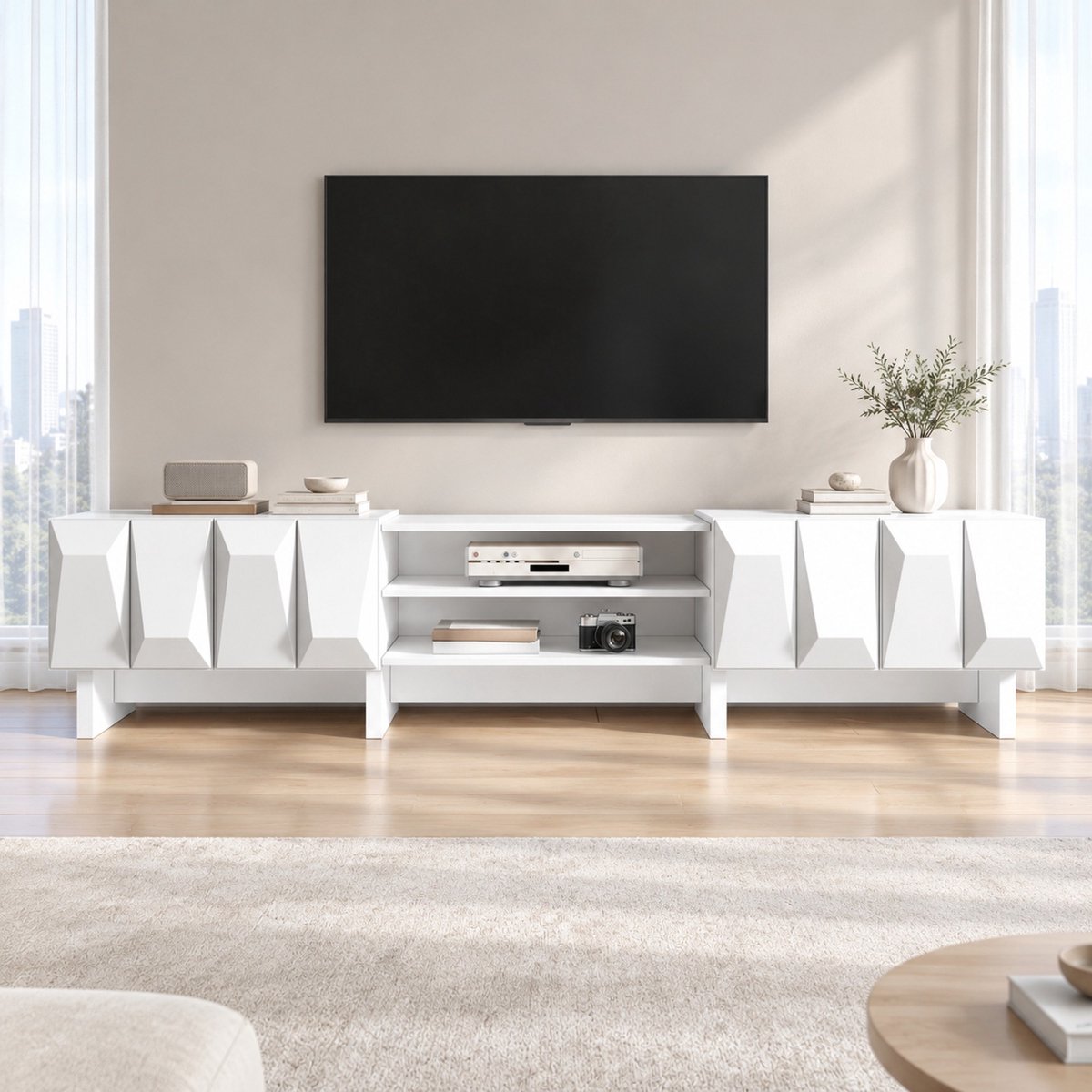 OKWISH TV-Meubel - Vier Deuren, Open Vakken En Kabeldoorvoer - Woonkamer - Scandinavische Stijl - Spaanplaat Wit - 180 x 34 x 44,5 Cm