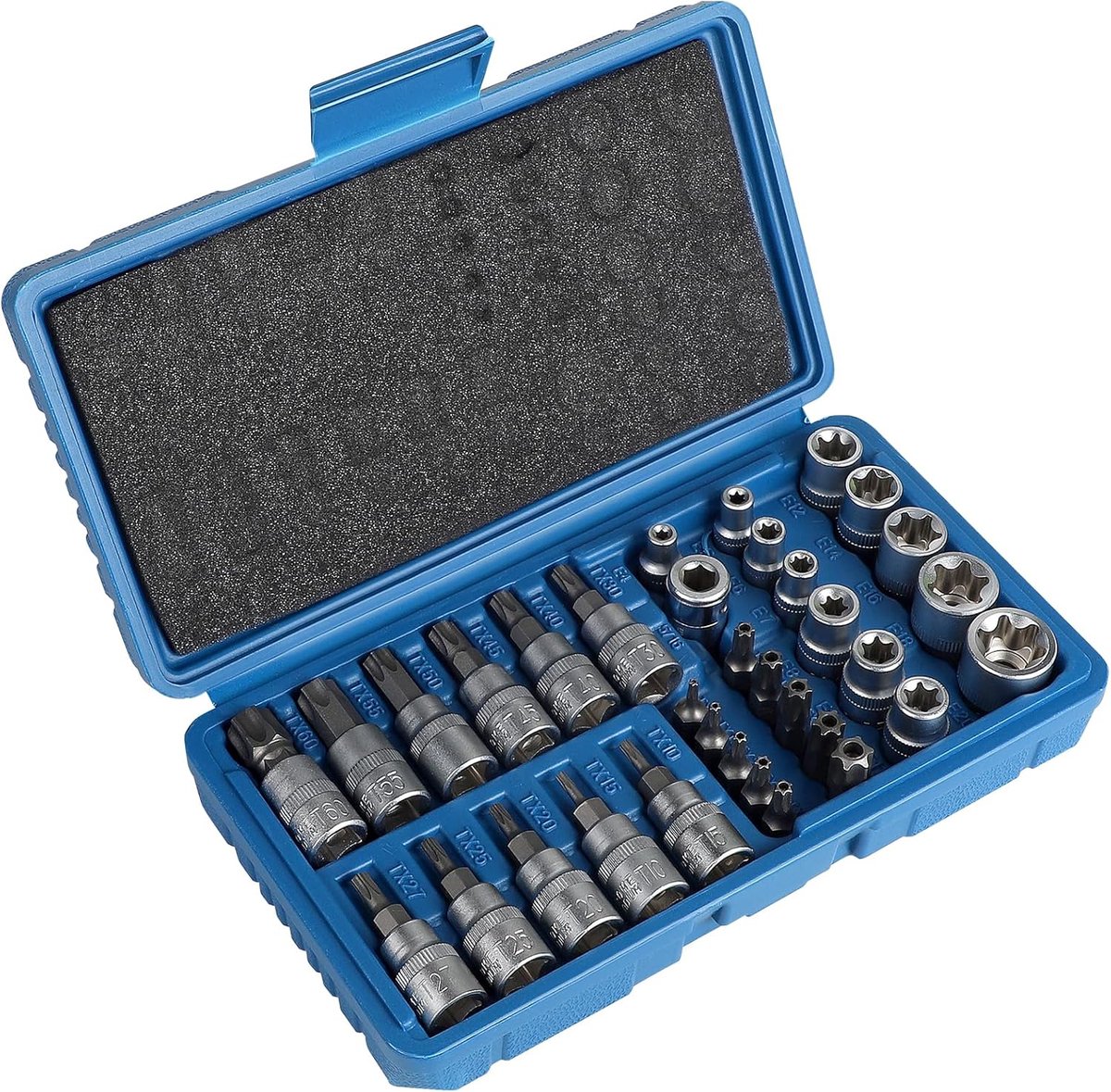 SnelShoppen - 34-delige Torx en E Torx set 3/8 inch met T10-T60 en E4-E20, inclusief bit en hexagon 8 mm, perfect voor klussen en onderhoud