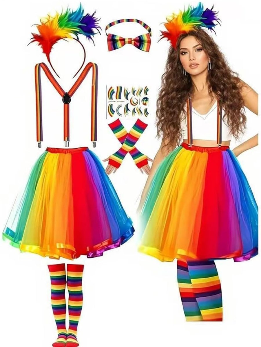 Women's Rainbow Costume Set 7 Pieces Tulle Skirt Colourful Feather Headband Bow Y Braces Knee Socks Colourful - ShopVlot