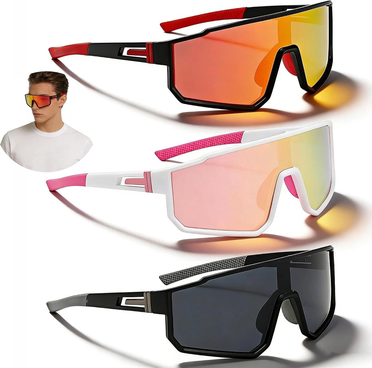 Set van 3 UV 400 Beschermende Fietszonnebrillen met Zachte Neuspads voor Sport, Hardlopen en Bergbeklimmen (Rood, Grijs en Roze)