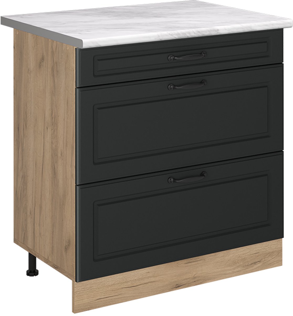 Vicco Keukenonderkast R-Line, Antraciet landelijk/Goudkleurig Eiken, 80 cm met 3 laden marmer werkblad