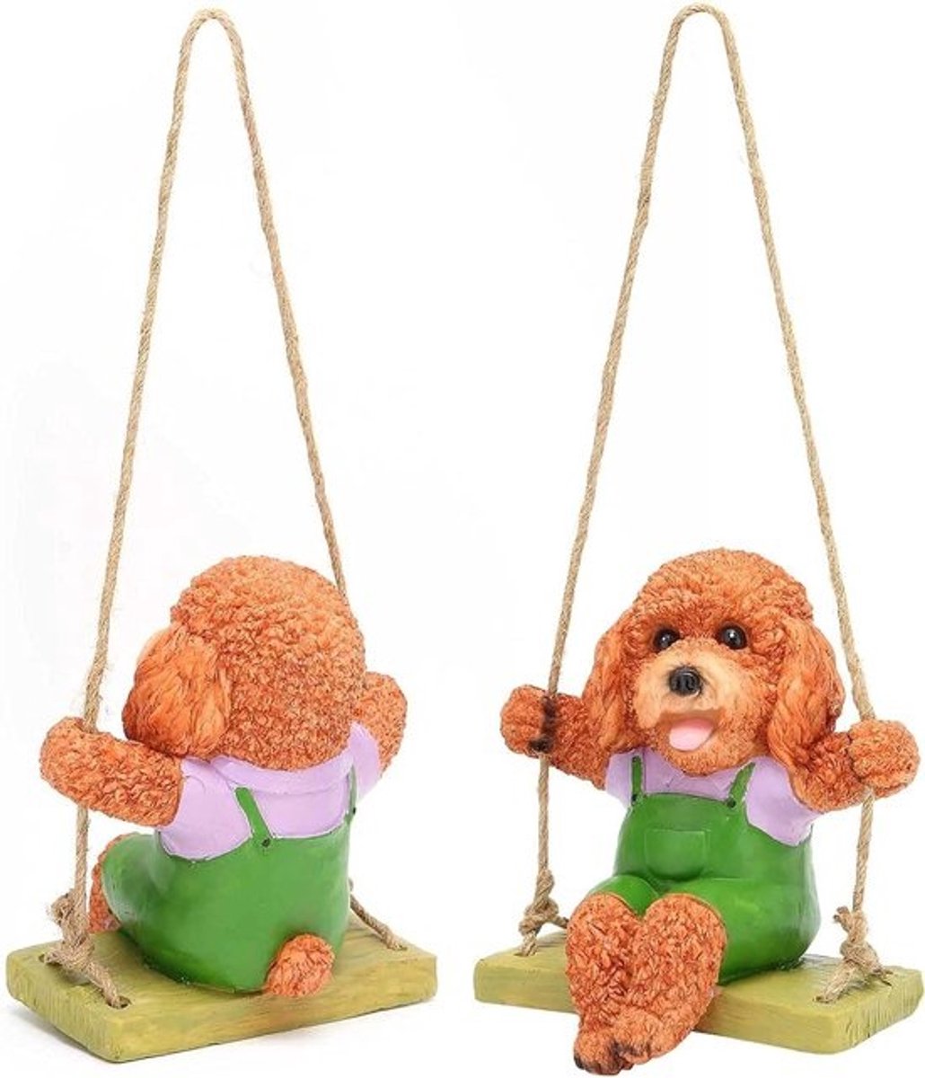 Schommeldier Hangend - Teddyhond Hanger - Tuindecoratie Buiten - Weerbestendige Afwerking - 20 x 19 x 16 cm - Bruin