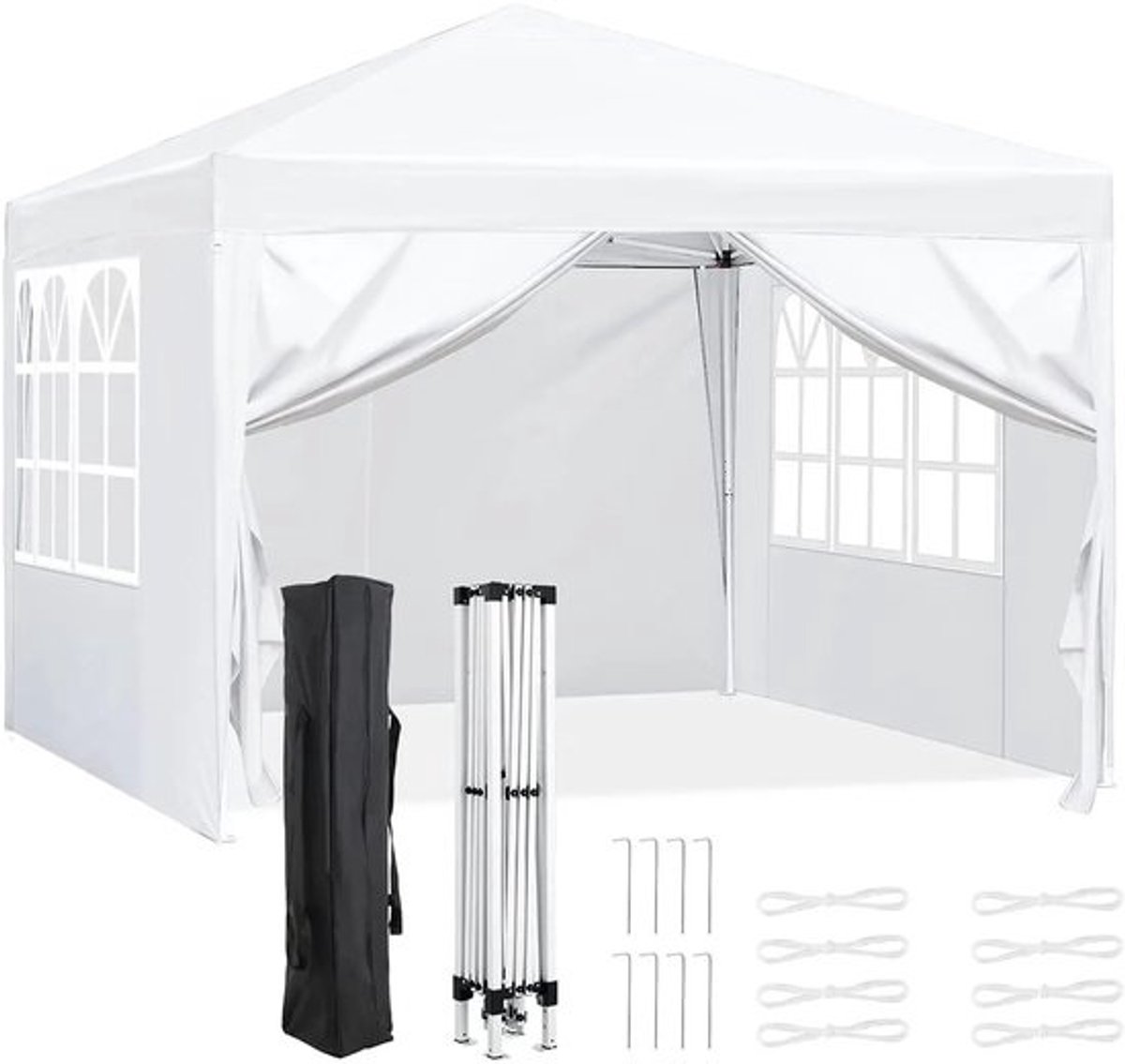 Asaam pop-up luifel met zijwanden, winterpaviljoen voor buiten, verstelbare beenhoogtes, ramen, draagtas, feesttent (3x3m), wit
