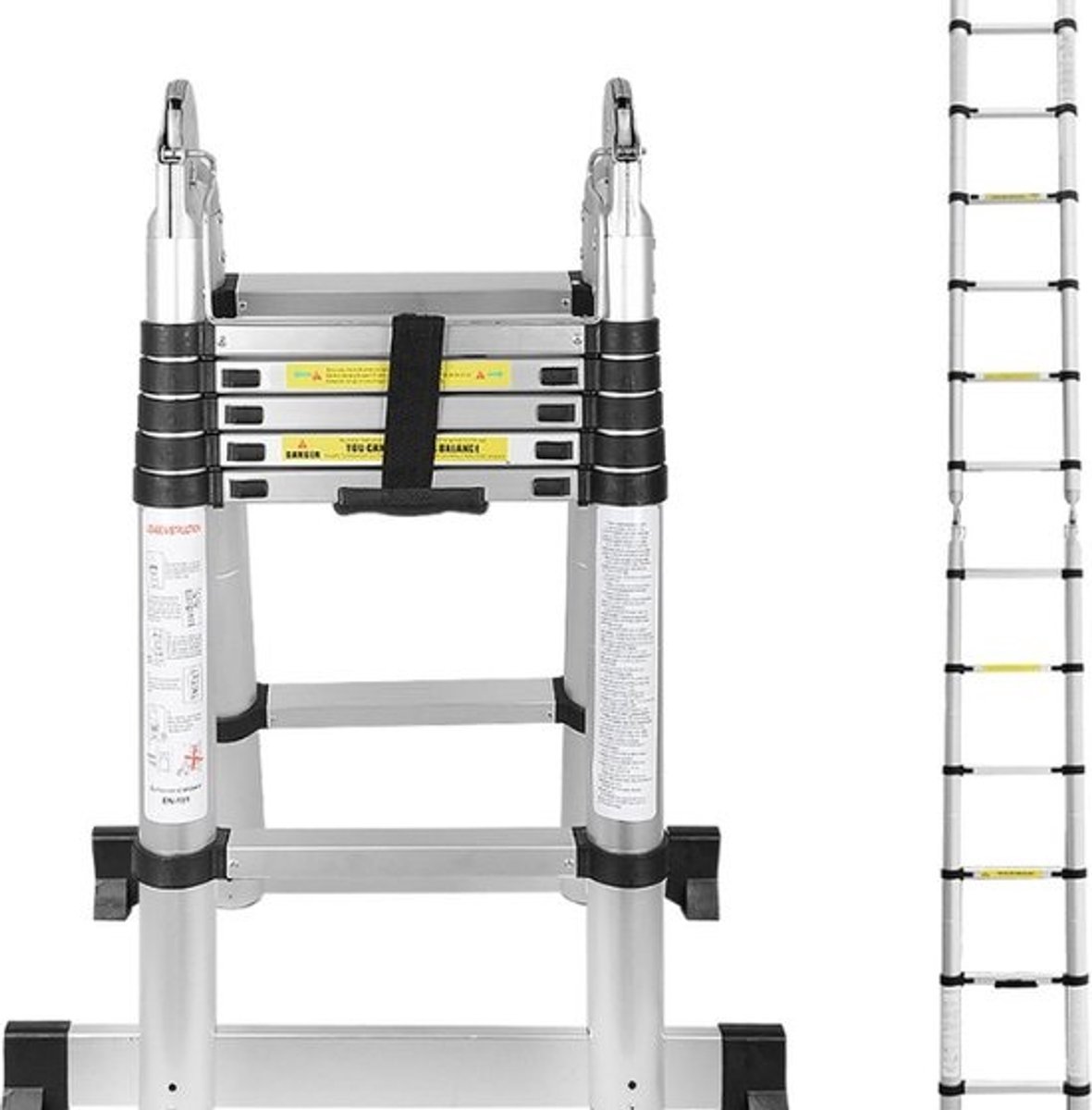Telescopische vouwladder - Telescopische ladder - Soft-close - Werkhoogte 1,9+1,9 m - Zilverachtig