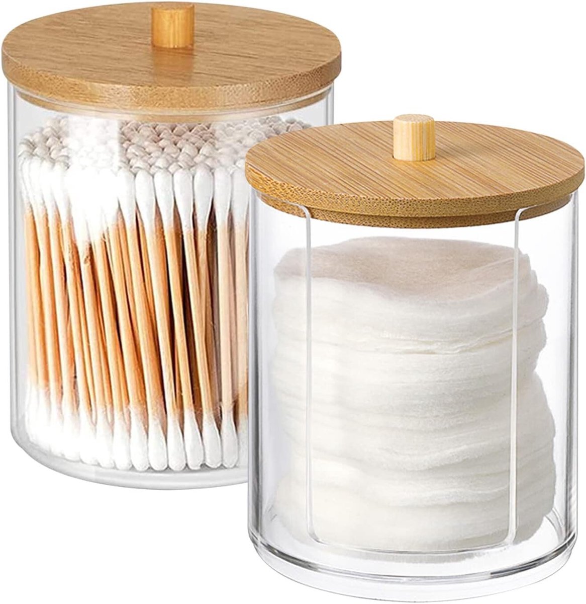 Cotton Rod Houder en Dispenser met Houten Deksel - Opbergdoos voor Stof- en Vochtbescherming in Woonkamer, Slaapkamer en Badkamer