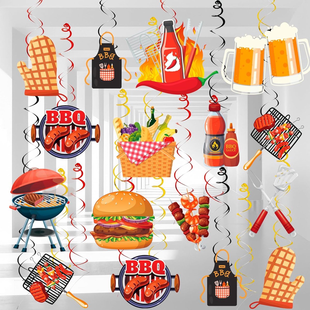 SnelShoppen - BBQ Party Decoraties Spiralen, 33 Stuks Grill Party Hangdecoraties voor Zomer BBQ Feest, Kleurrijke Opvouwbare Versiering voor Tuin en C