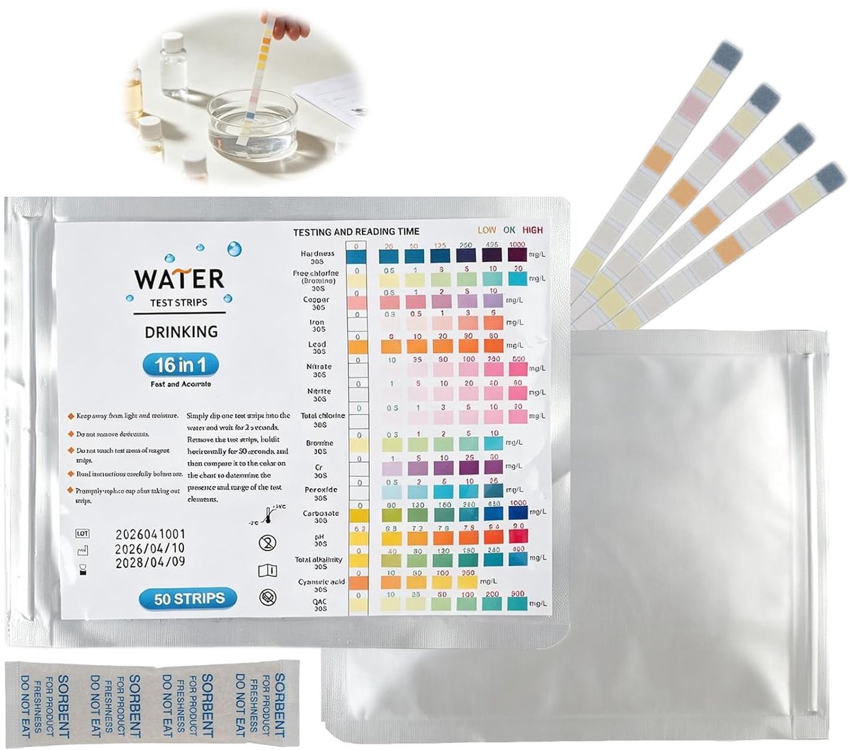 50 x 16-in-1 Teststrips voor Drinkwater - Betrouwbare Waterkwaliteit Analyse, Hardheid, Lood, Koper en Nitraat Testen voor Kraanwater, Zwembaden en Filters