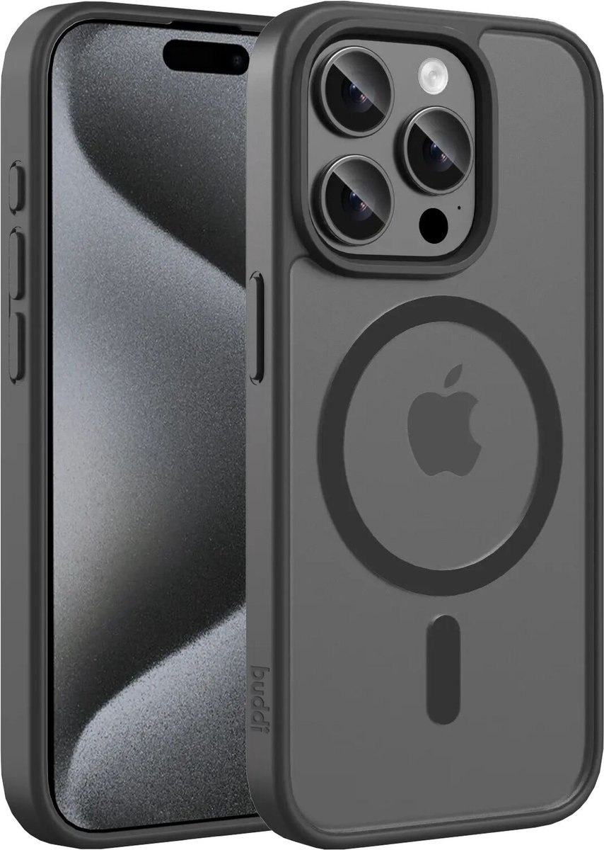 Buddi Frost Hoesje Geschikt voor Apple iPhone 15 Pro - Mat Zwart - MagSafe Back Cover - Matchende kleur - Shockproof - Slank
