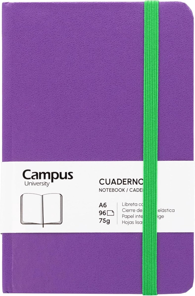 SnelShoppen - Campus Bullet Journal A6 Notitieboek, Stevig, 96 Vel, 75 g Papier, Elastische Sluiting, Bookmark, Pouch, Paars, Perfect voor School en W
