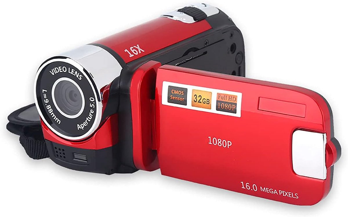 Digitale videocamera, DV Full HD 1080P 16X High Definition, 270 ° rotatie (EU rood)