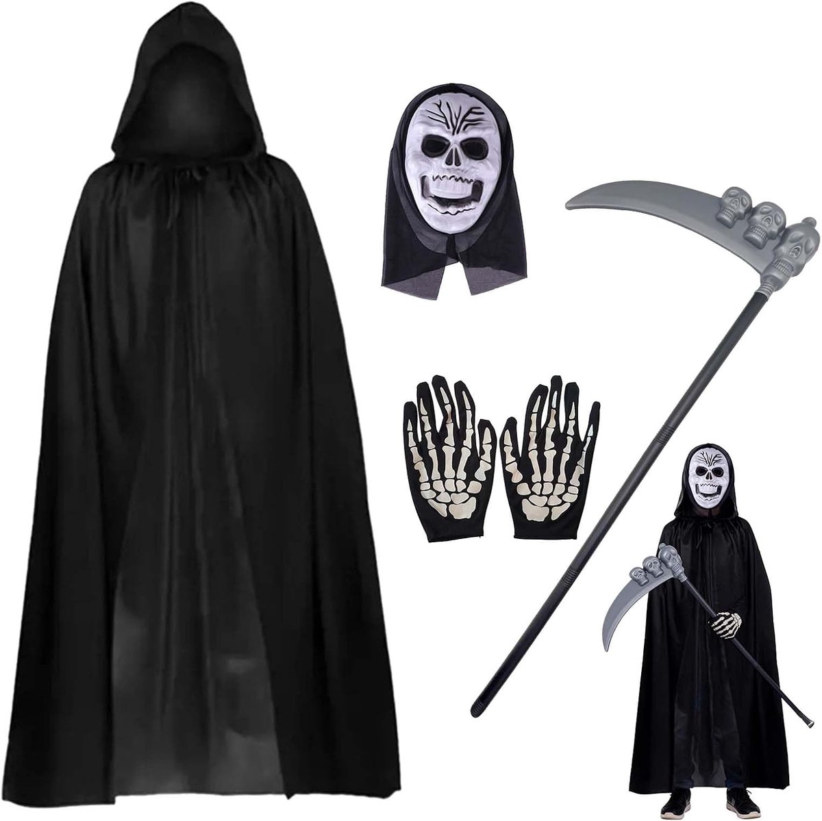 Kostuum set volwassenen 140 cm zwarte cape masker skelet handschoenen scythe verkleedfeest