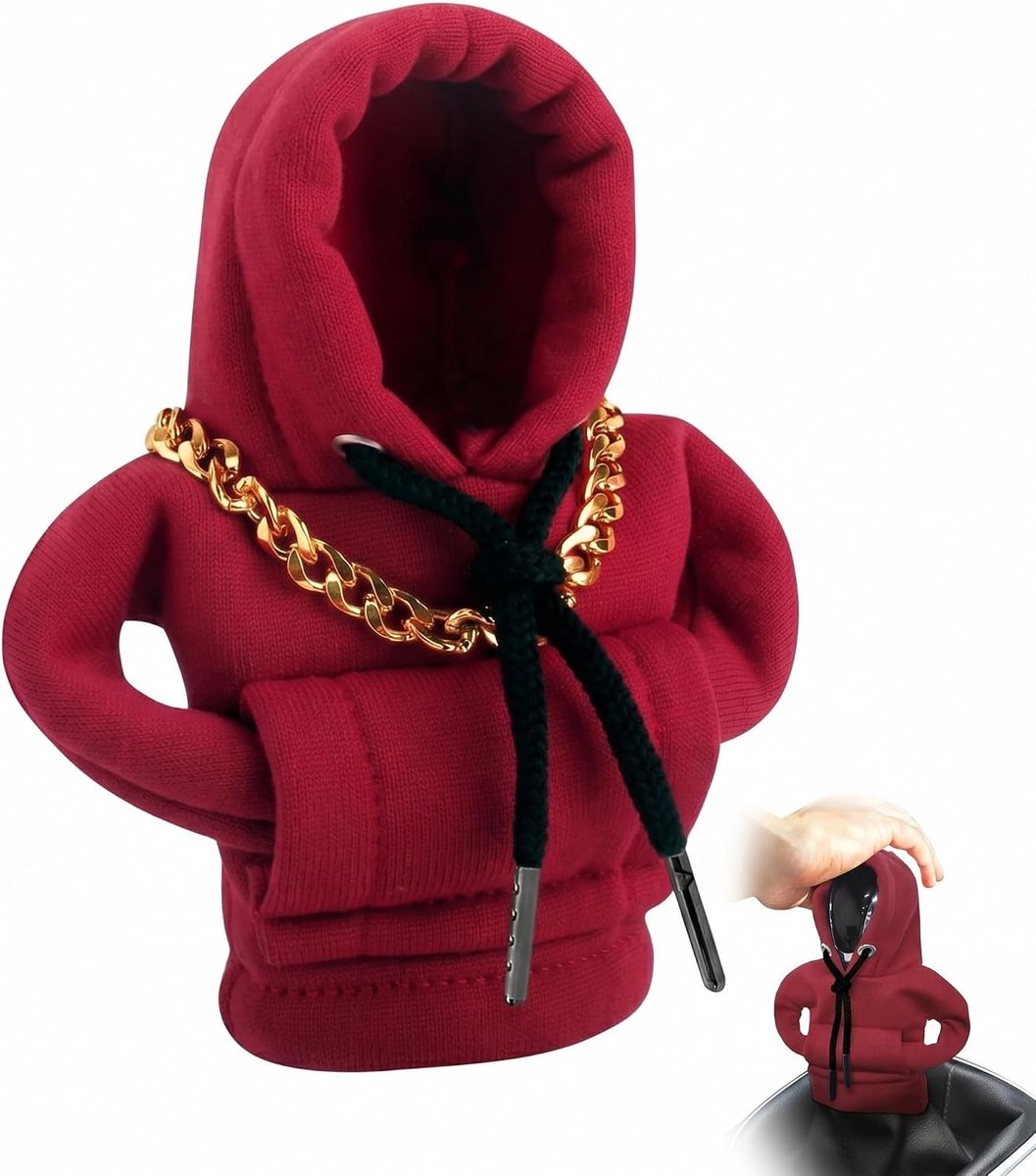 Hoodie met ketting, auto-pookknopafdekking, rood, creatieve versnellingspookafdekking voor auto-interieur, universeel voor handmatig en automatisch, grappige auto-gadgets & tuning accessoires