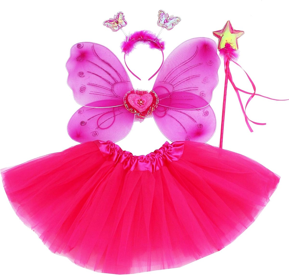 Play - Feeënkostuum voor meisjes - vlindervleugels, tutu, toverstaf en haarband - vlinderkostuum of engel met vleugels voor meisjes van 3-8 jaar - kleur magenta