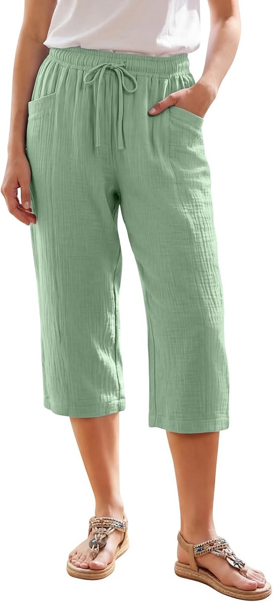 Capribroek voor dames, zomer, 3/4-broek, wijde broek met zakken, elastische tailleband, koel, comfortabel, katoenen linnen, vloeiende strandbroek