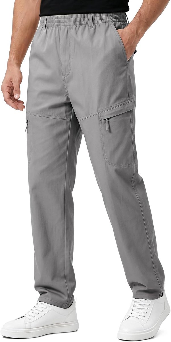 Cargobroek voor heren, chinobroek, 100% katoen, vrijetijdsbroek, licht, rechte snit, casual, joggingbroek met trekkoord en 6 zakken