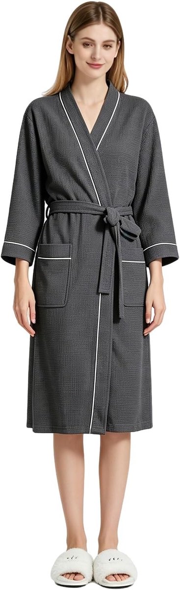 Badjas, katoen, dames en heren, wafelpiqué, ochtendjas, licht, behaaglijk, kimono, huisjas, lang, voor spa, huis en hotel