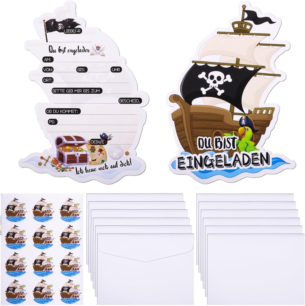 12 stuks piratenuitnodigingskaarten voor kinderverjaardag, jongens en meisjes, Duitse piraat, uitnodigingen, verjaardagsuitnodigingen met envelop en stickers voor kinderen voor verjaardag