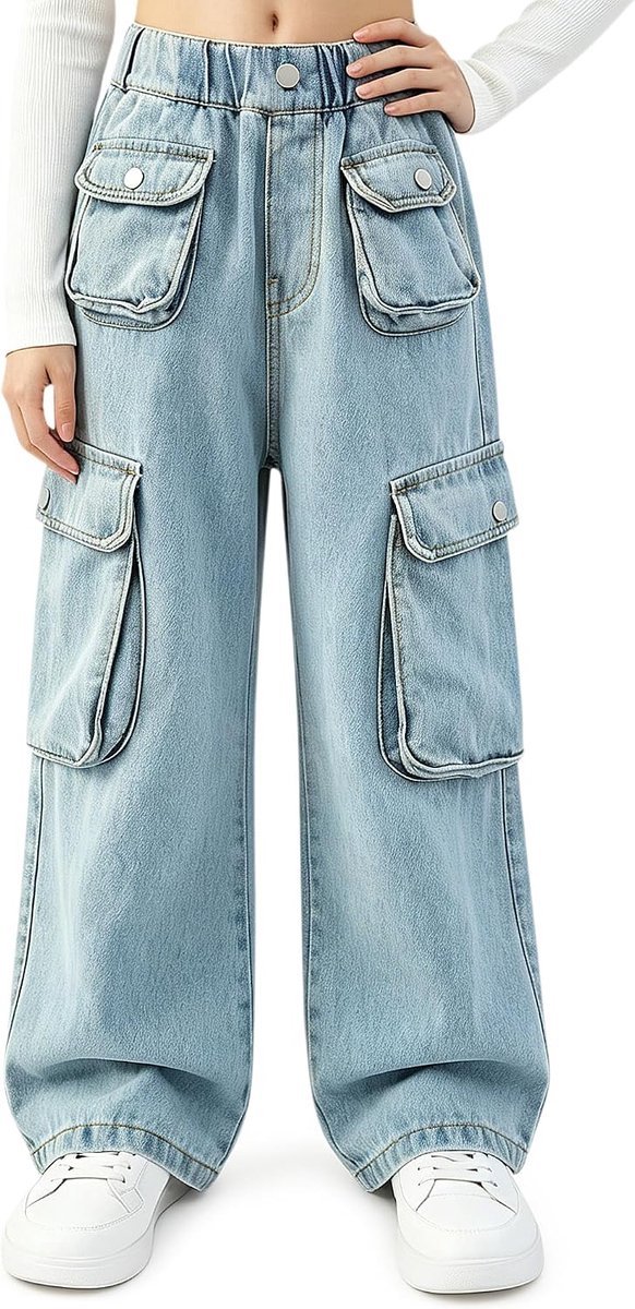 Cargobroek voor Meisjes, Elastische Broek met Hoge Taille en Wijde Pijpen Jeansbroek met Meerdere Zakken Loszittende Jeansbroek voor Tieners 7-15 Jaar