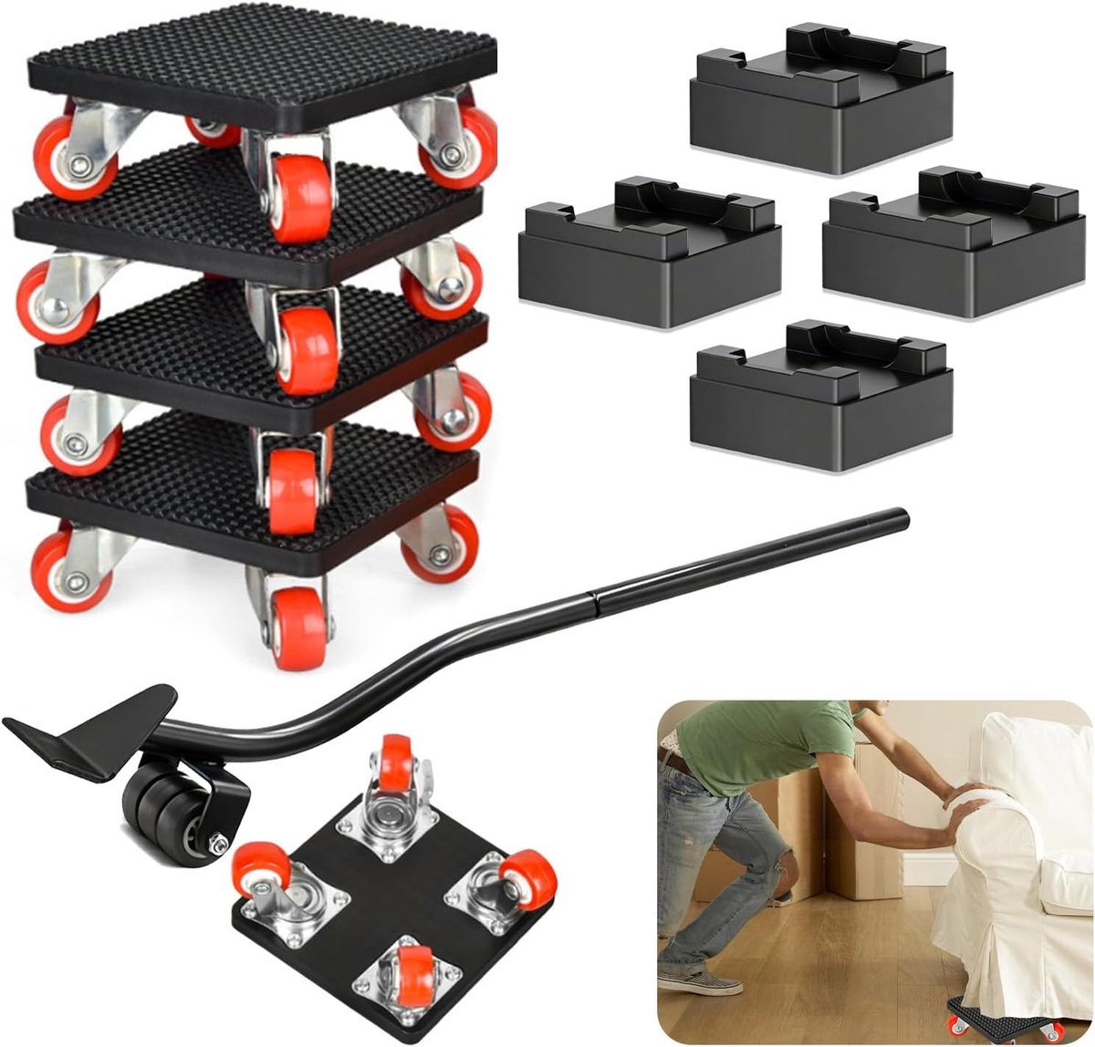 Furniture Roller Set with 630 mm Extension Bar - 4 x 360° Rolls up to 500 kg - ShopVlot