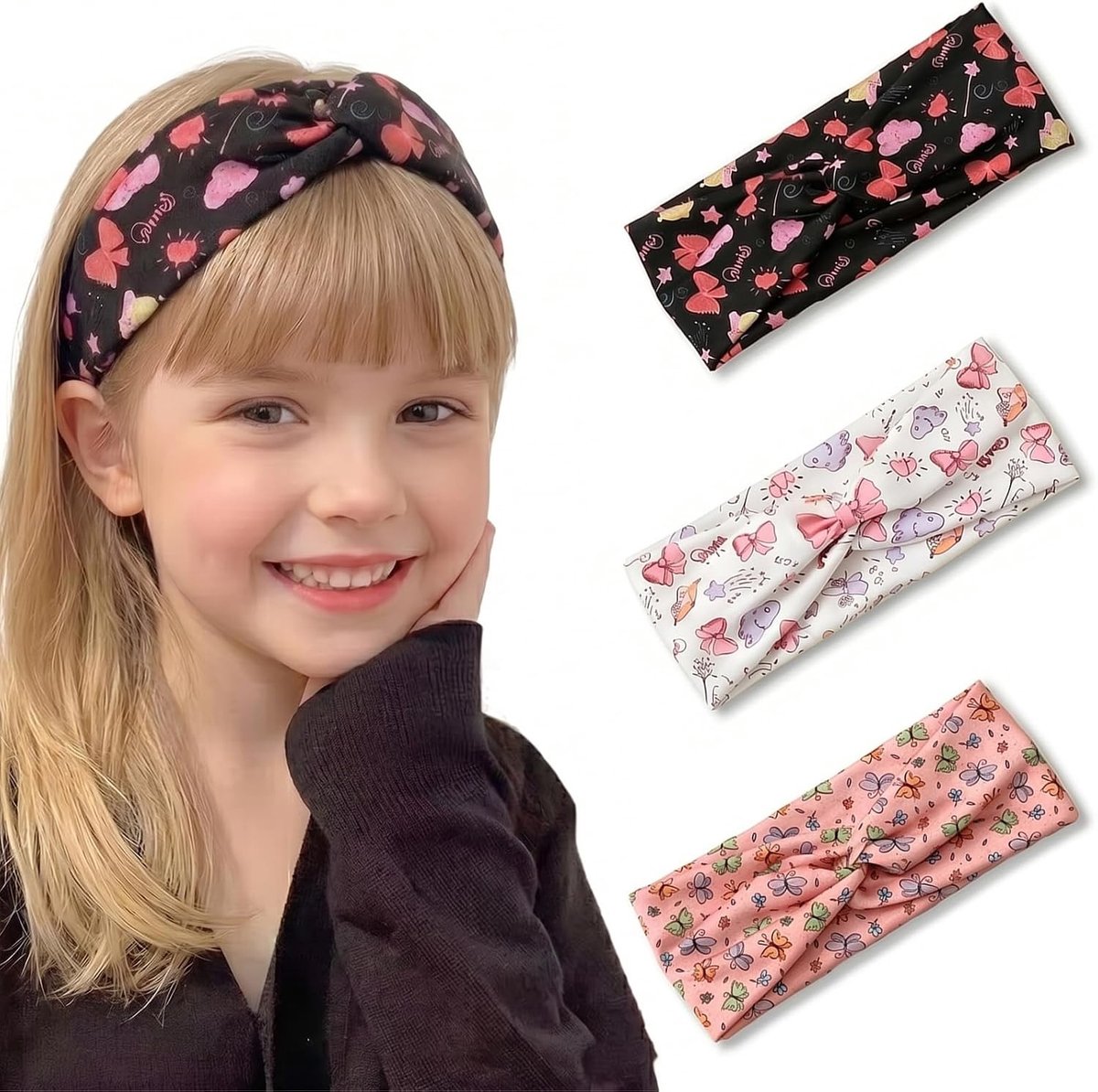 Set van 3 Elastische Haarbanden voor Meisjes met Schattig Cartoon Ontwerp in Rood, Zwart en Wit - Perfecte Accessoires voor Kinderen en Cadeaus