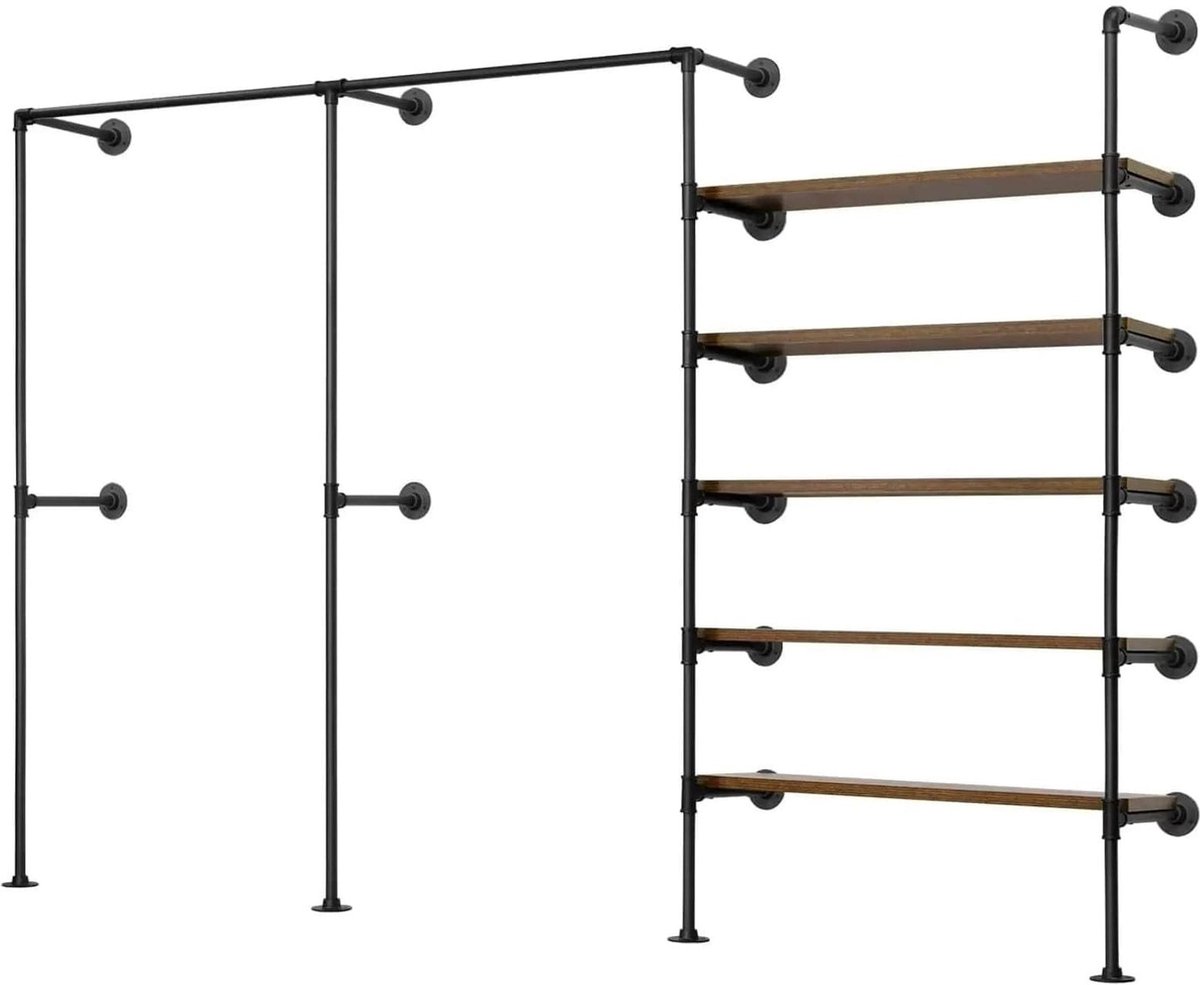 Klarven® Kledingrek Type4 - Kledingkast Slaapkamer - Kledingstang met 5 Planken en 2 Kledingroedes - Industrieel Open Garderobe - Ruimtebesparend - B 283 x H 186 x D 33,5 cm