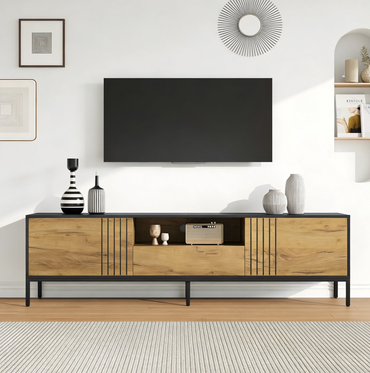 WUVRIE TV-meubel 170 x 35 x 50 cm - 2 deuren, 1 lade en open vak - Eiken/zwart