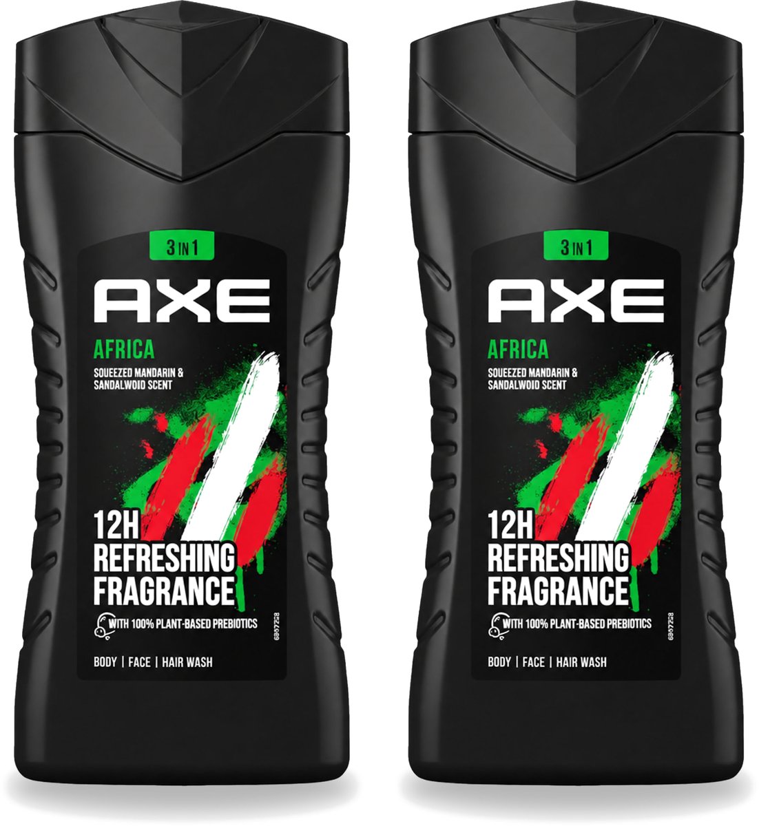2 x Axe - 3-in-1 Douchegel - Africa - Squeezed Mandarin & Sandalwood - 100% Plantaardig - 250 ml - Voordeelverpakking - 2 stuks