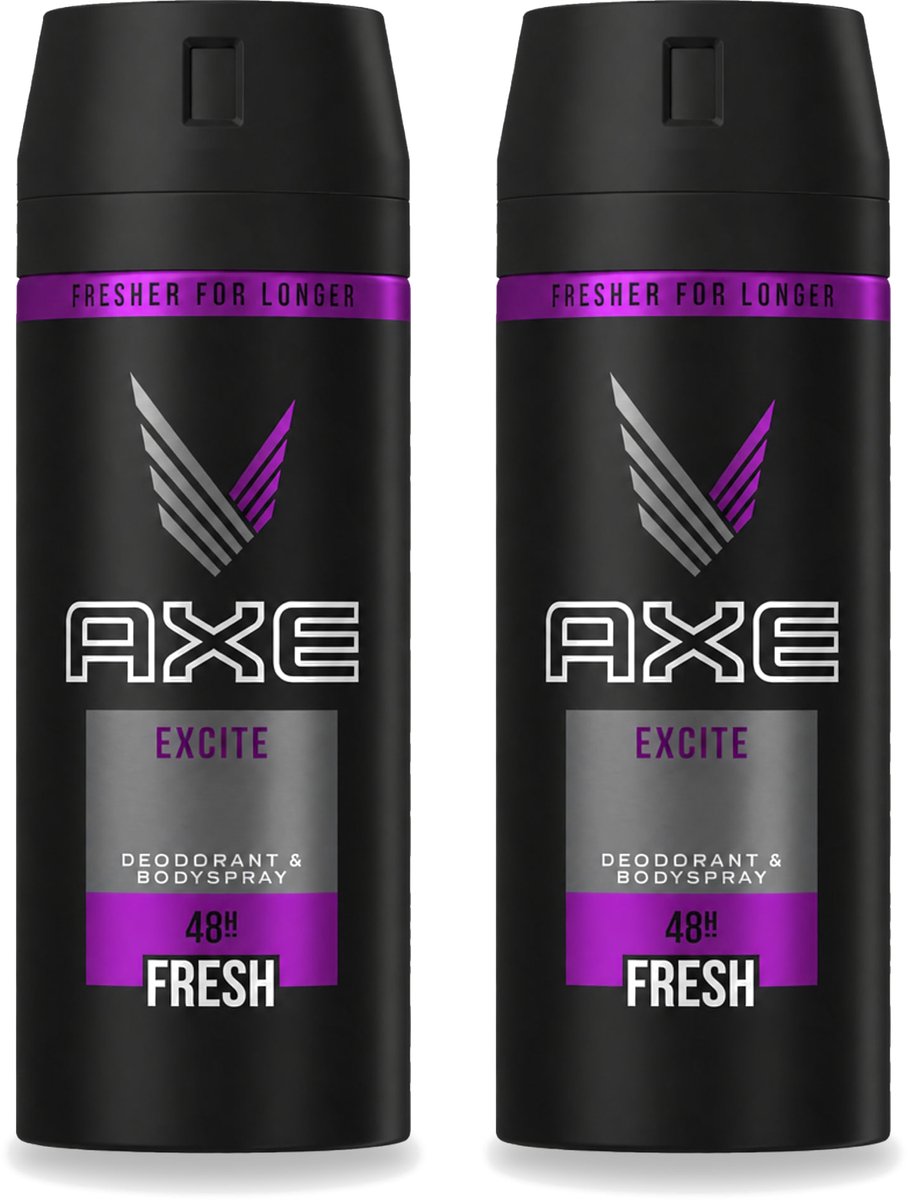 2 x Axe - Deodorant Bodyspray - 48hrs Fresh - Excite - 150 ml - Voordeelverpakking - 2 stuks