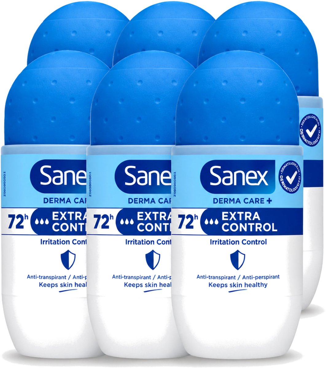6 x Sanex – Deo Roll-on – Dermo Extra Control – 53 ml - Voordeelverpakking - 6 stuks
