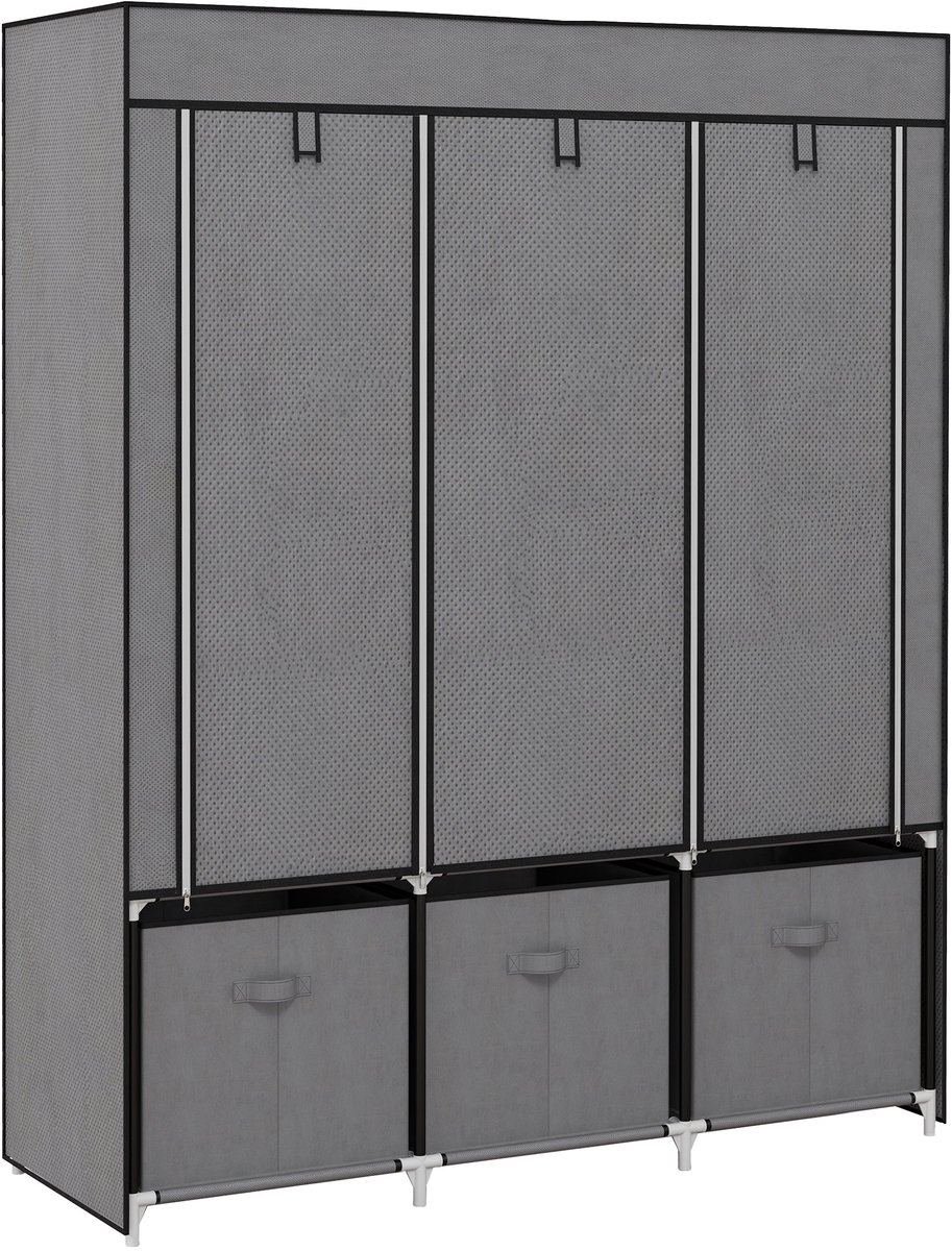 Merax Stoffen Kledingkast met 2 Kledingstangen - 5 Open Vakken - 3 Stoffen Opbergboxen - Opvouwbare Garderobekast met Rits - Donkergrijs - 125x43x162,5 cm