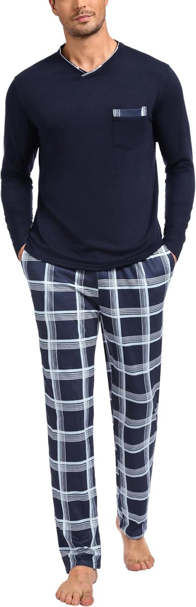 Winterpyjama van katoen, tweedelige pyjama, pyjama met lange mouwen en geruite broek, S-4XL
